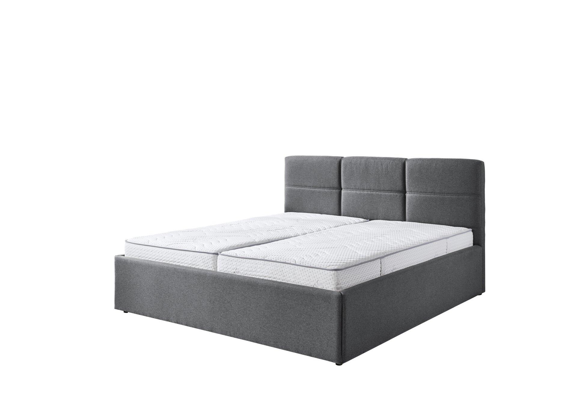 Graues Polsterbett Durango PB100 mit quadratisch gepolstertem Kopfteil und integriertem Stauraum, Frontalperspektive.