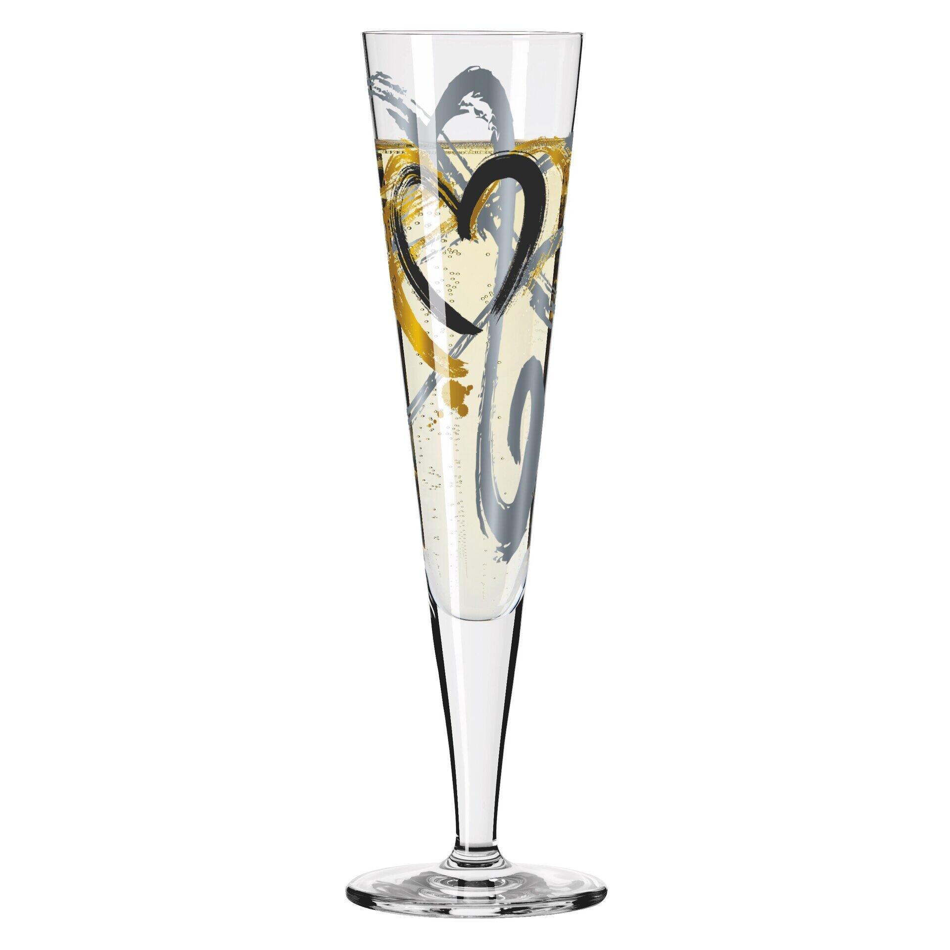 Hochwertiges Champagnerglas mit elegantem, ausgestelltem Rand und künstlerischen Schwarz-Weiß-Verzierungen im Inneren, präsentiert in einer attraktiven Geschenkbox.
