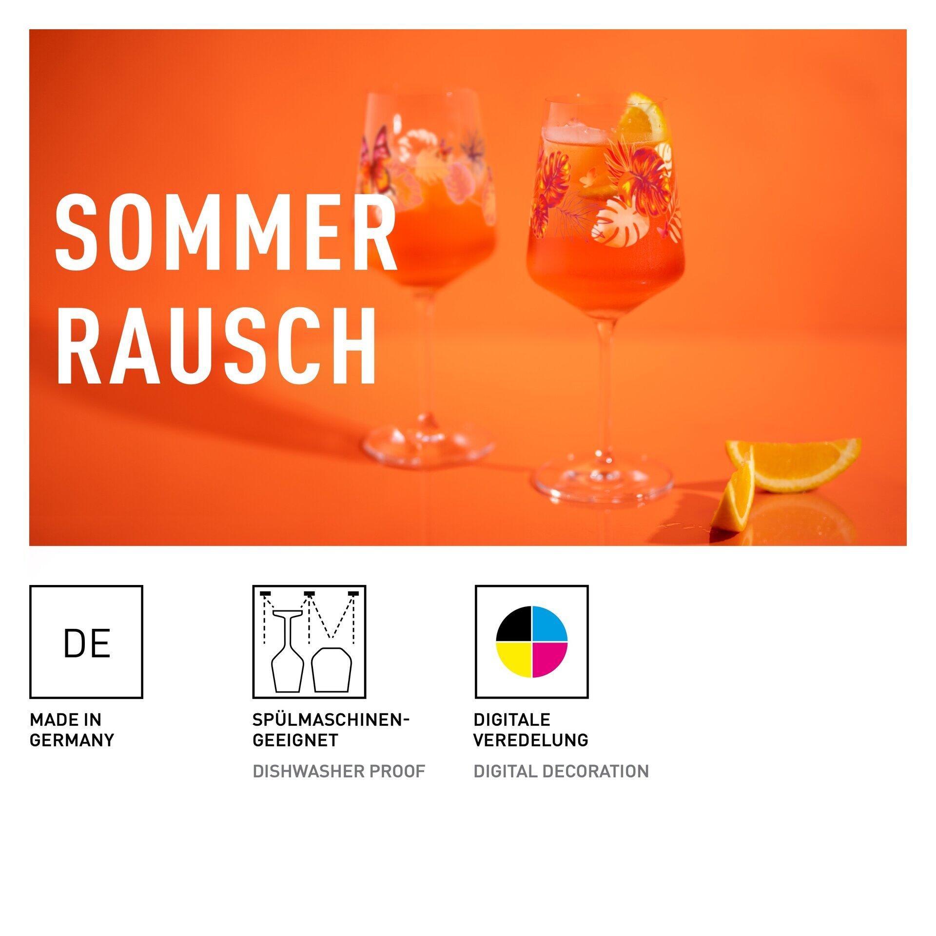 Aperitifglas mit sommerlichem Getränk und Fruchtdekoration, detailreich gestaltet und in einer Geschenkbox verpackt, mit Spülmaschinen-Symbol und Hinweis auf digitale Veredelung.