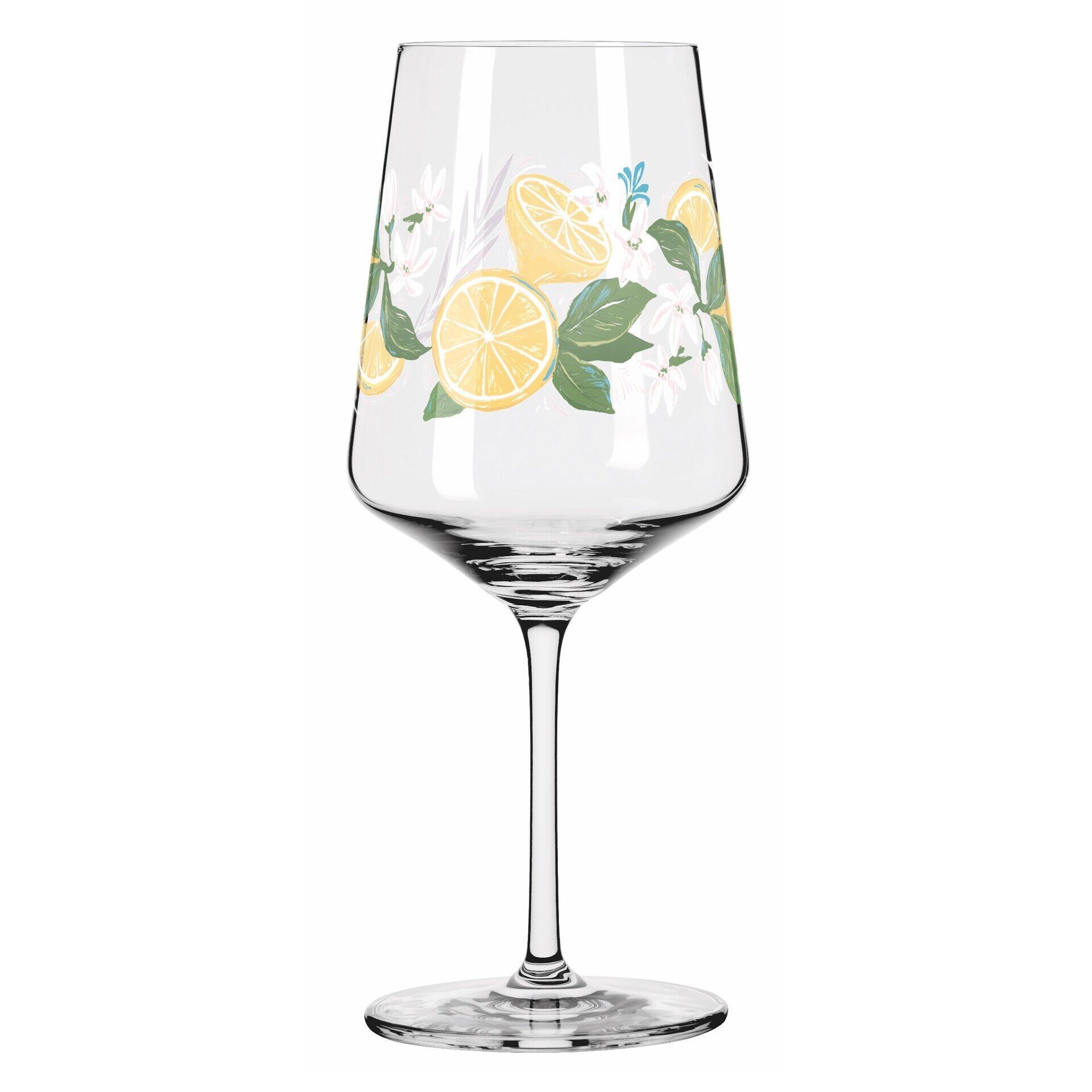 Aperitifglas mit floralem Dekor aus Zitronen, Blättern und Blüten, präsentiert in gerader Seitenansicht.