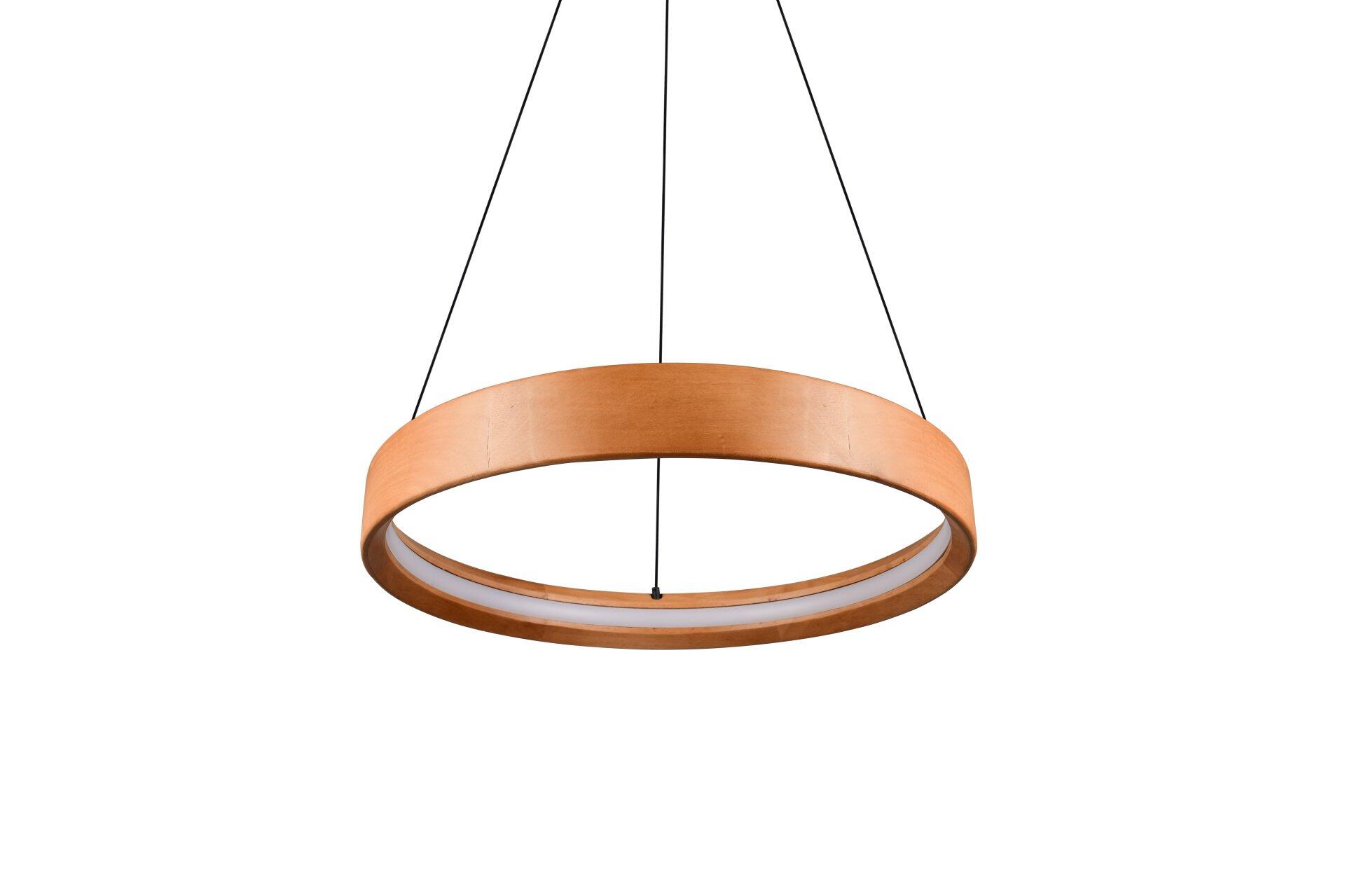 Pendelleuchte Lynwood mit Holzrahmen, warmweißer LED-Beleuchtung und langer, schwarzer Aufhängung – Detailansicht von unten.