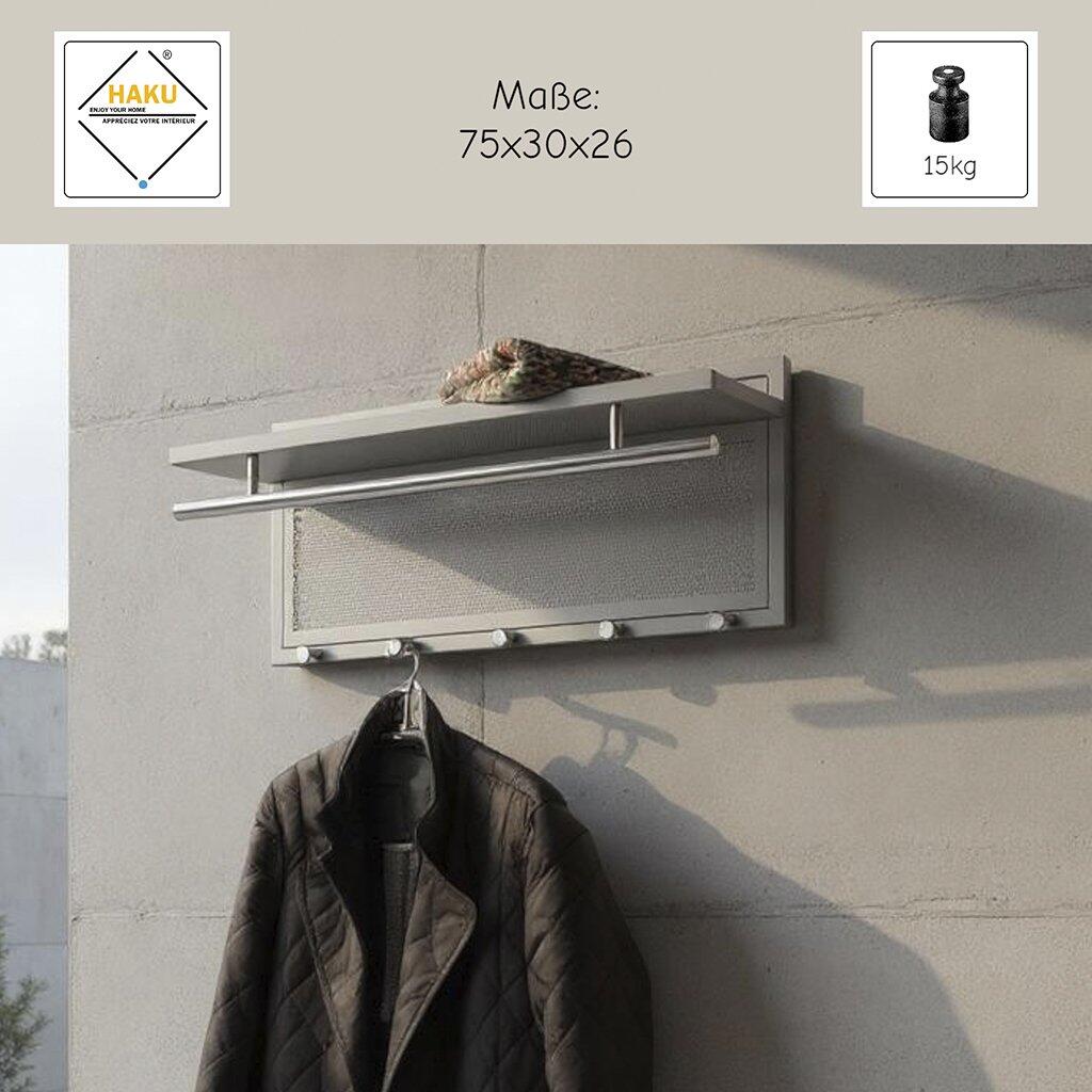 Wandgarderobe 55156 aus Stahlrohr mit silberfarbenem Metallgestell, Gitterrost und fünf gebürsteten Metallhaken, Detailaufnahme aus der Vogelperspektive.