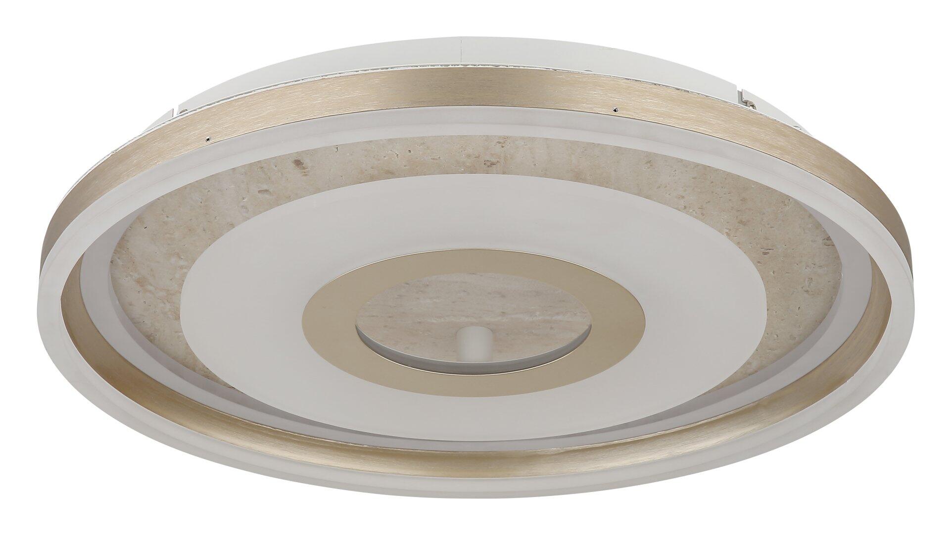 Deckenleuchte CARDENAS, moderne LED-Leuchte mit silbernem Metallrahmen, goldenem Ring und marmorierter Mitte in Frontalperspektive.
