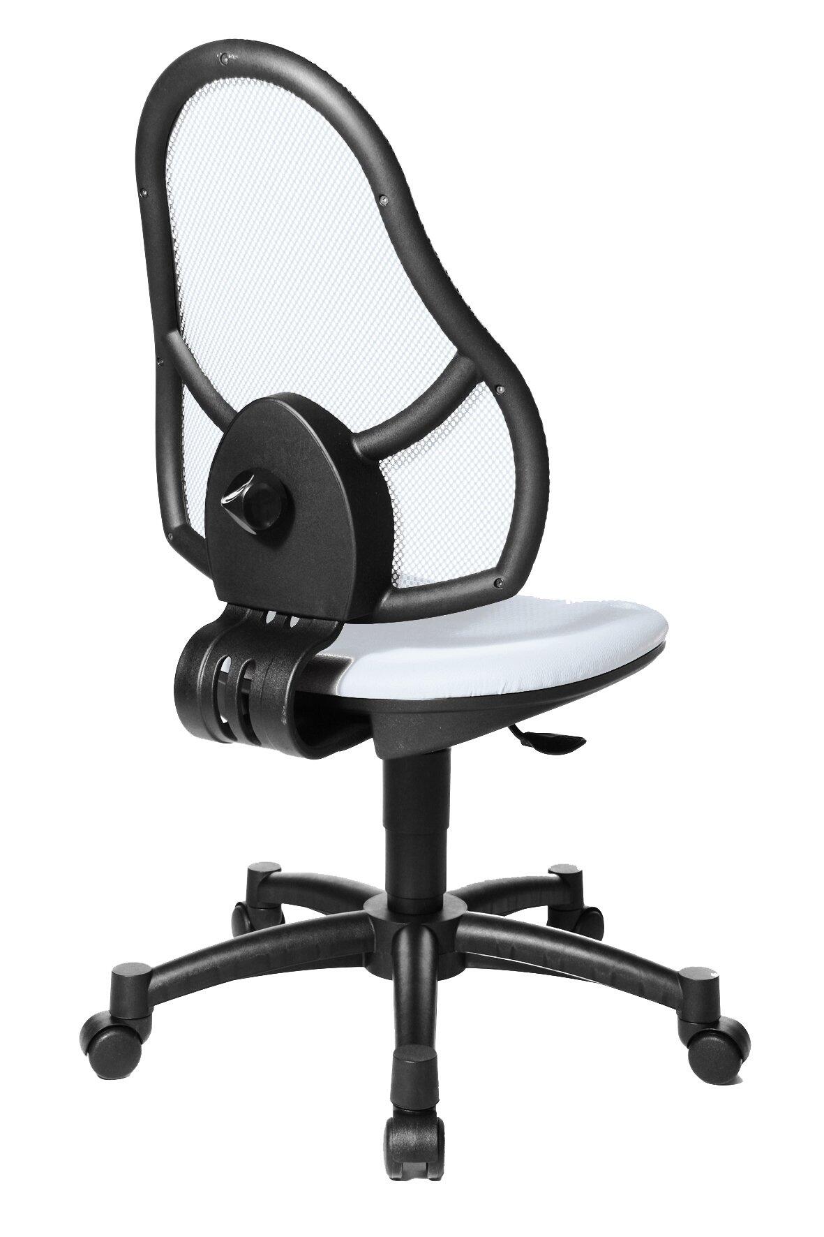 Bürostuhl Open Art Junior mit schwarzem Fußkreuz, höhenverstellbarer Basis und ergonomischer, atmungsaktiver Rückenlehne mit integrierter Lordosenstütze und verstellbarer Neigung.