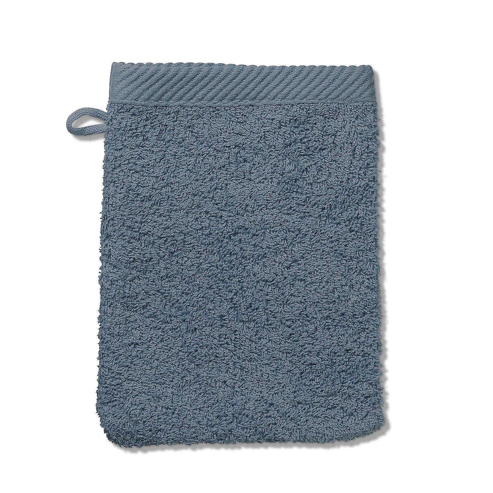 Ladessa Waschhandschuh: Hellblaues, quadratisches Handtuch mit wirbeliger Textur und Aufhänge-Schlaufe, frontal und aus erhöhter Perspektive dargestellt.