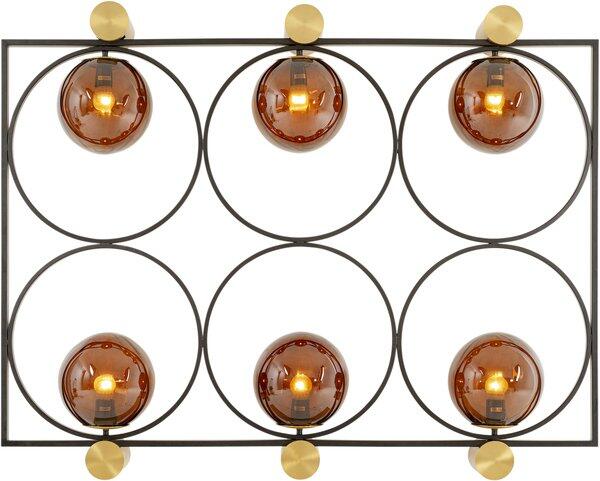 Wandleuchte Balance Circle mit schwarzem Stahlrahmen und sechs bernsteinfarbene Glaskugeln, beleuchtet von innen, in frontaler Perspektive.