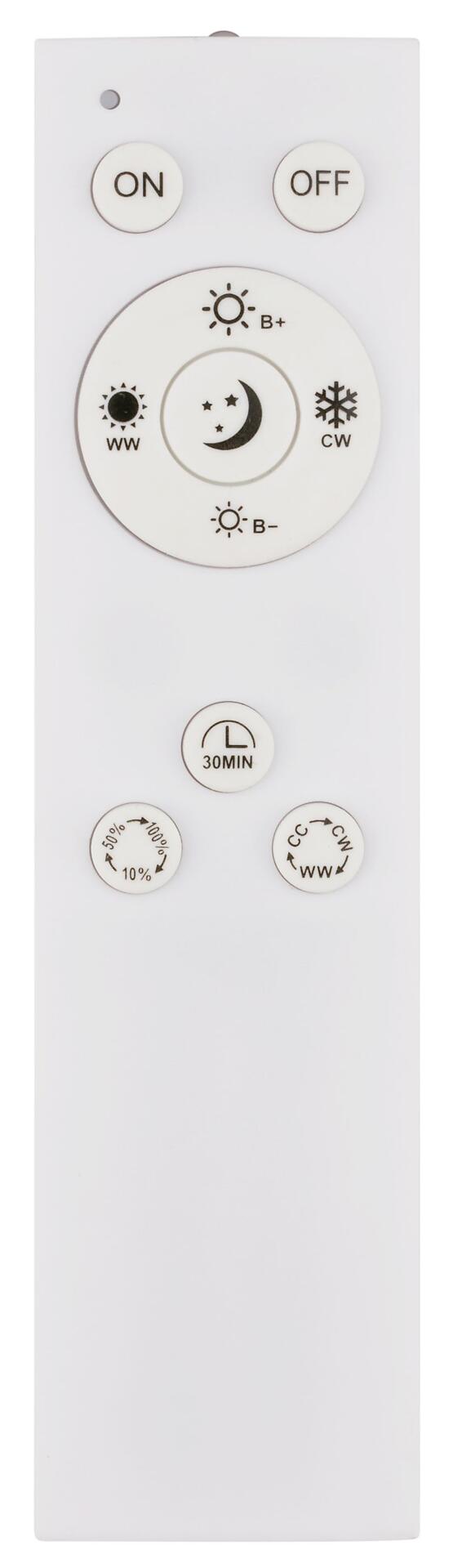 Fernbedienung für die Rowny Wand- und Deckenleuchte mit Tasten für Ein/Aus, Timer, Helligkeitsregelung und Lichteffekte.