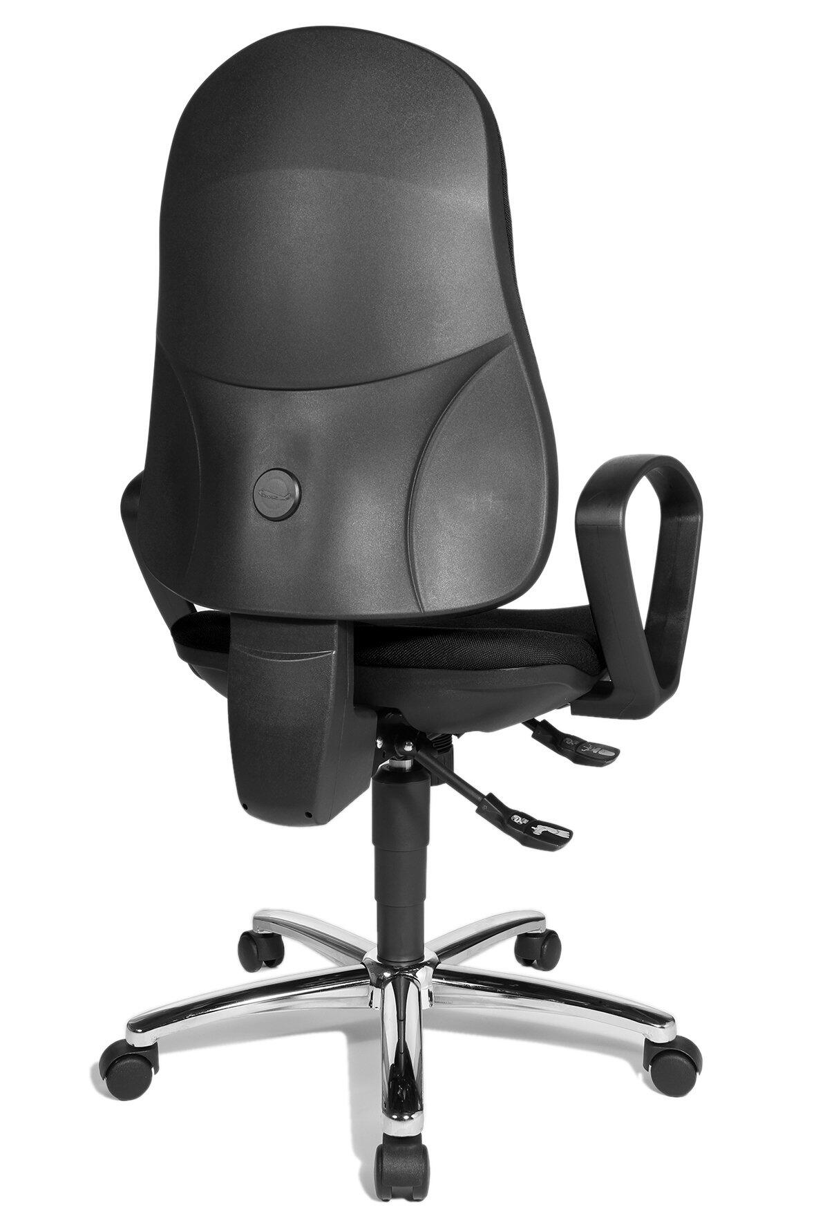 Bürostuhl Syncro Steel mit chromfarbenem Fußkreuz, hochgebogener Rückenlehne und integrierten Armlehnen, abgebildet im 3/4-Format von der Seite.