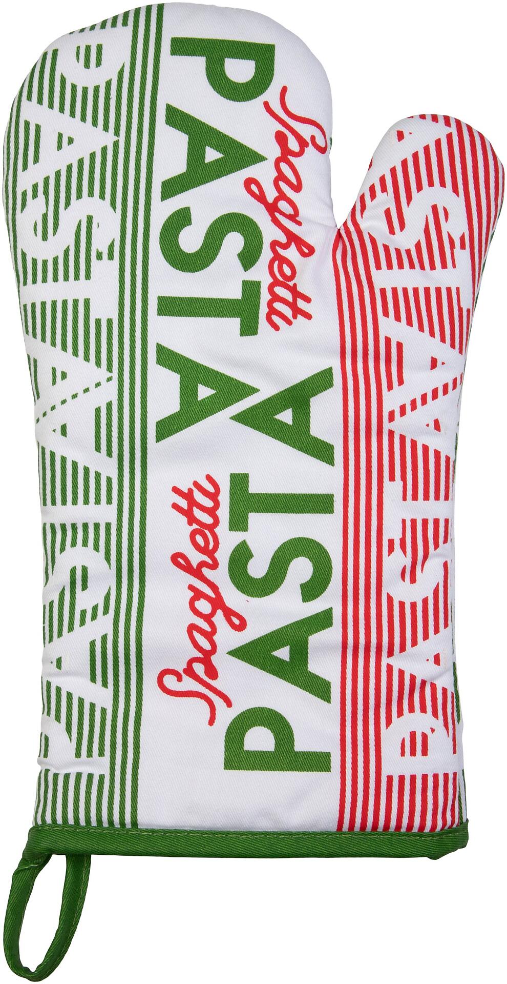 Ofenhandschuh "Tri Colori" mit vertikalen roten und grünen Streifen, dem Schriftzug "PASTA" und "Spaghetti" sowie einer grünen Aufhängeschlaufe.
