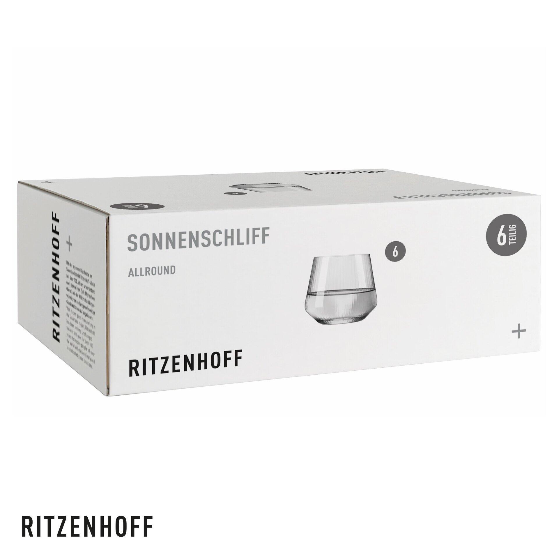 Detaillierte Draufsicht der Geschenkverpackung des 6-teiligen RITZENHOFF SONNENSCHLIF Allround Glas-Sets mit Produktbezeichnung und Angabe der Stückzahl.