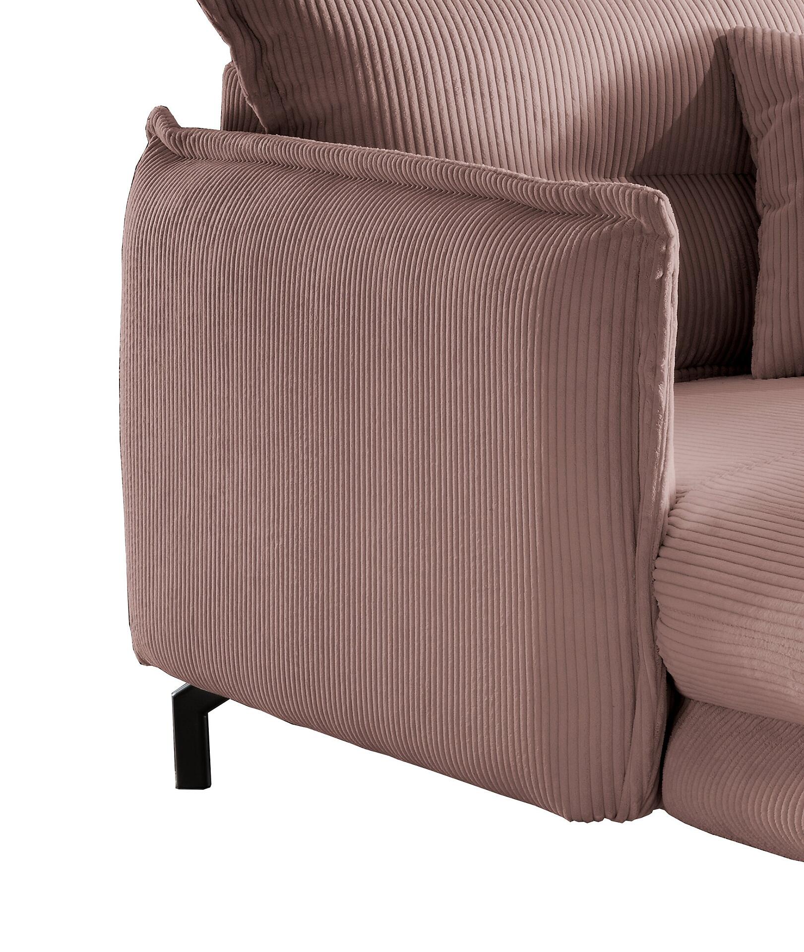 Loveseat Lava mit hellrosa Cordbezug und schwarzen Metall-Winkelfüßen, Detailaufnahme der gepolsterten Armlehne.