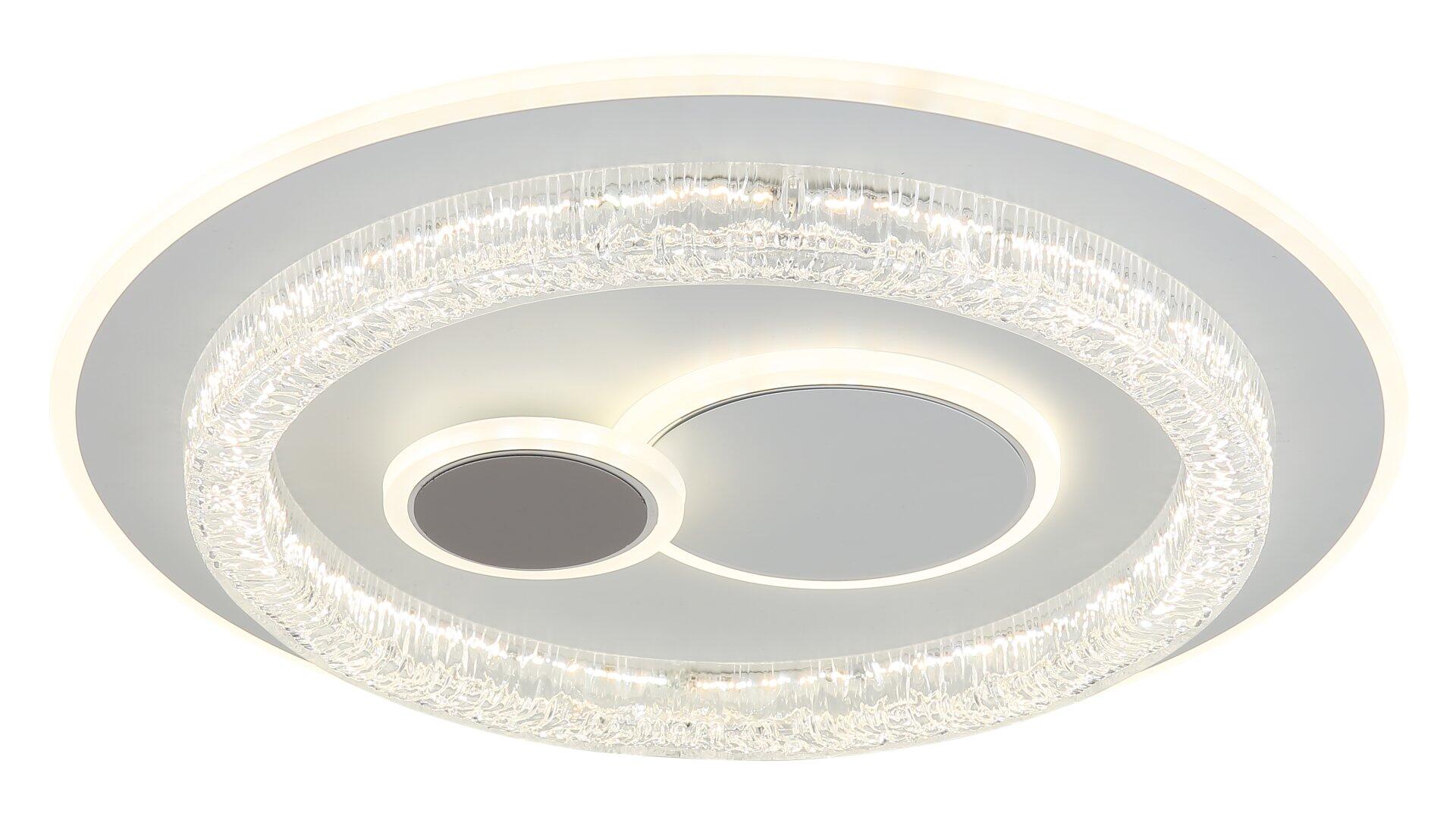 Deckenleuchte KRISWALL mit mehreren kreisförmigen Elementen, darunter ein silbrig schimmernder Ring und prismatische Glaselemente, dargestellt in Frontalperspektive vor weißem Hintergrund.