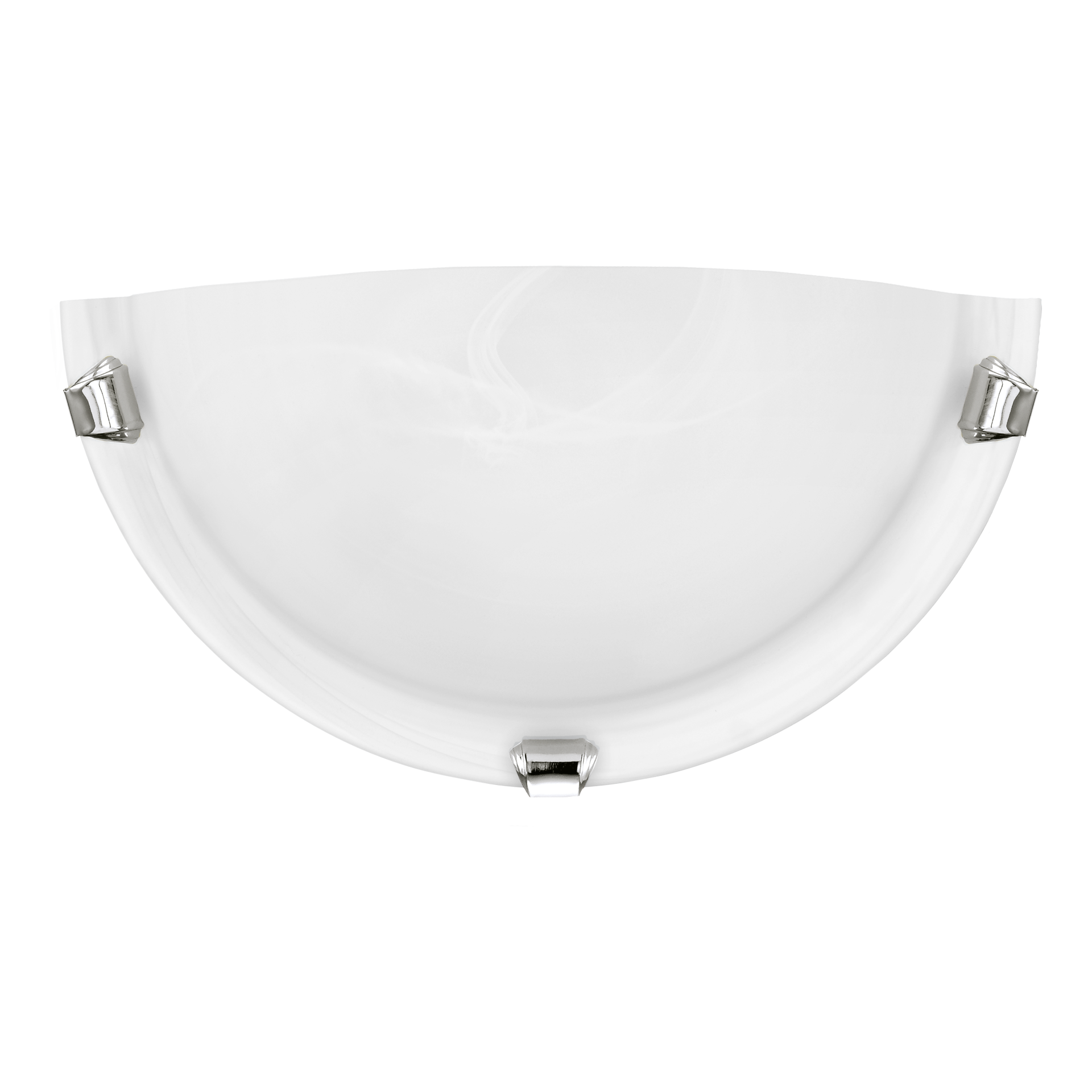 Wandleuchte Salome mit halbrunder, weißer Glasabdeckung und silberfarbenen Halterungen, die die gewölbte Form frontal betont.