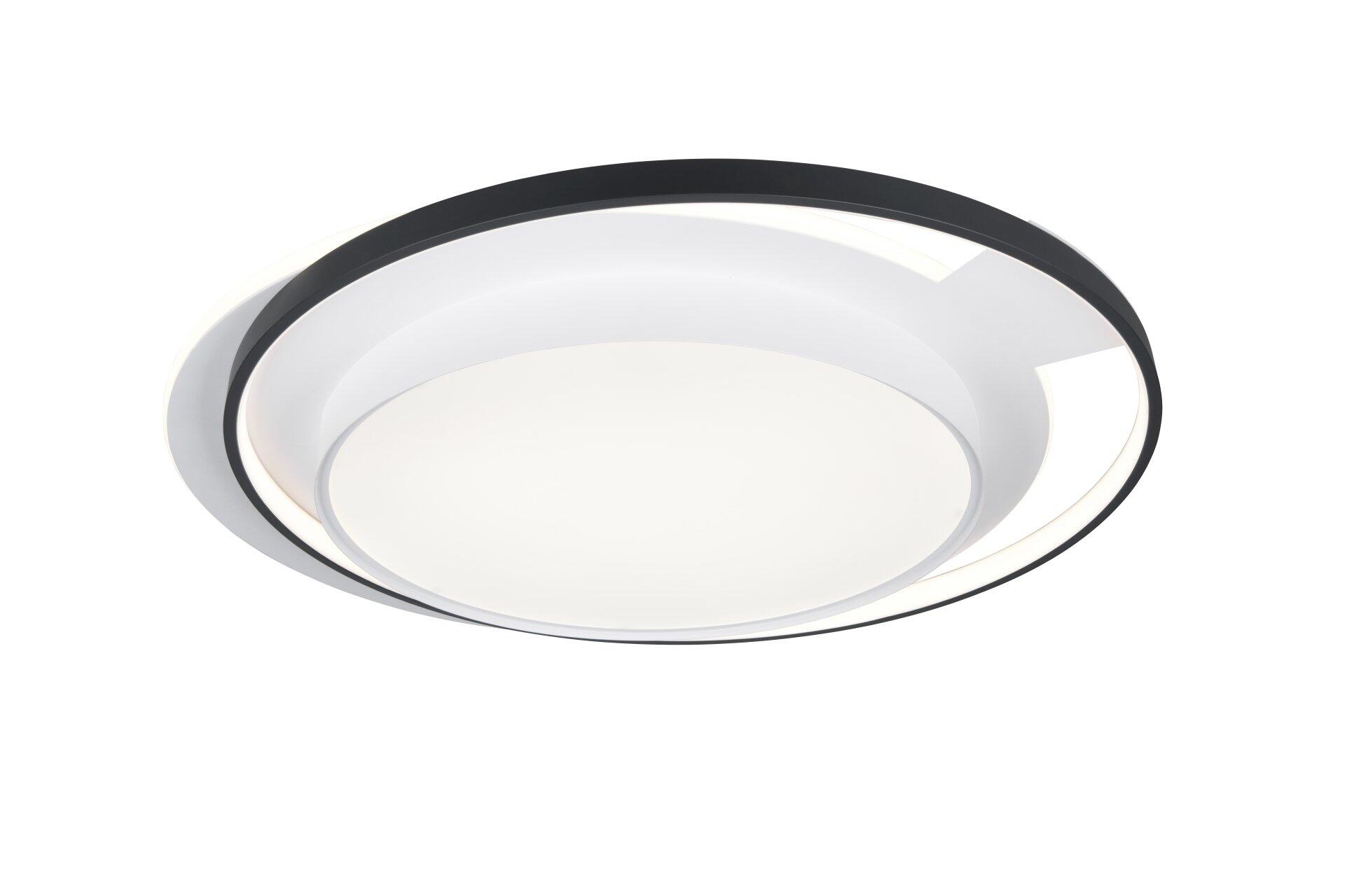 Deckenleuchte Ceru in Frontalperspektive mit schmalem schwarzem Rahmen, silbrigem Innenleben und leuchtendem weißen Kreis, der die dimmbare Lichtfläche betont.