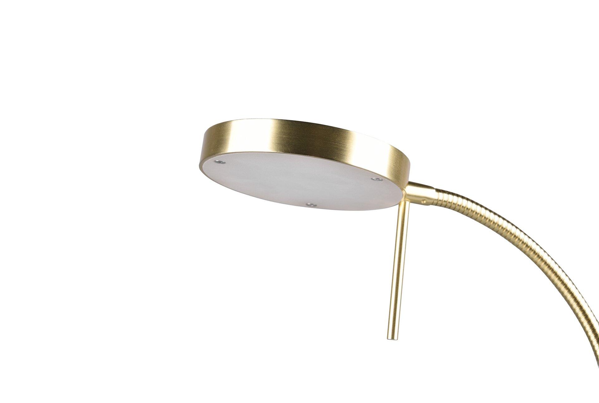 Goldfarbene Tischleuchte Monza mit flexiblem Arm und rundem Lampenkopf zur einstellbaren Beleuchtung.