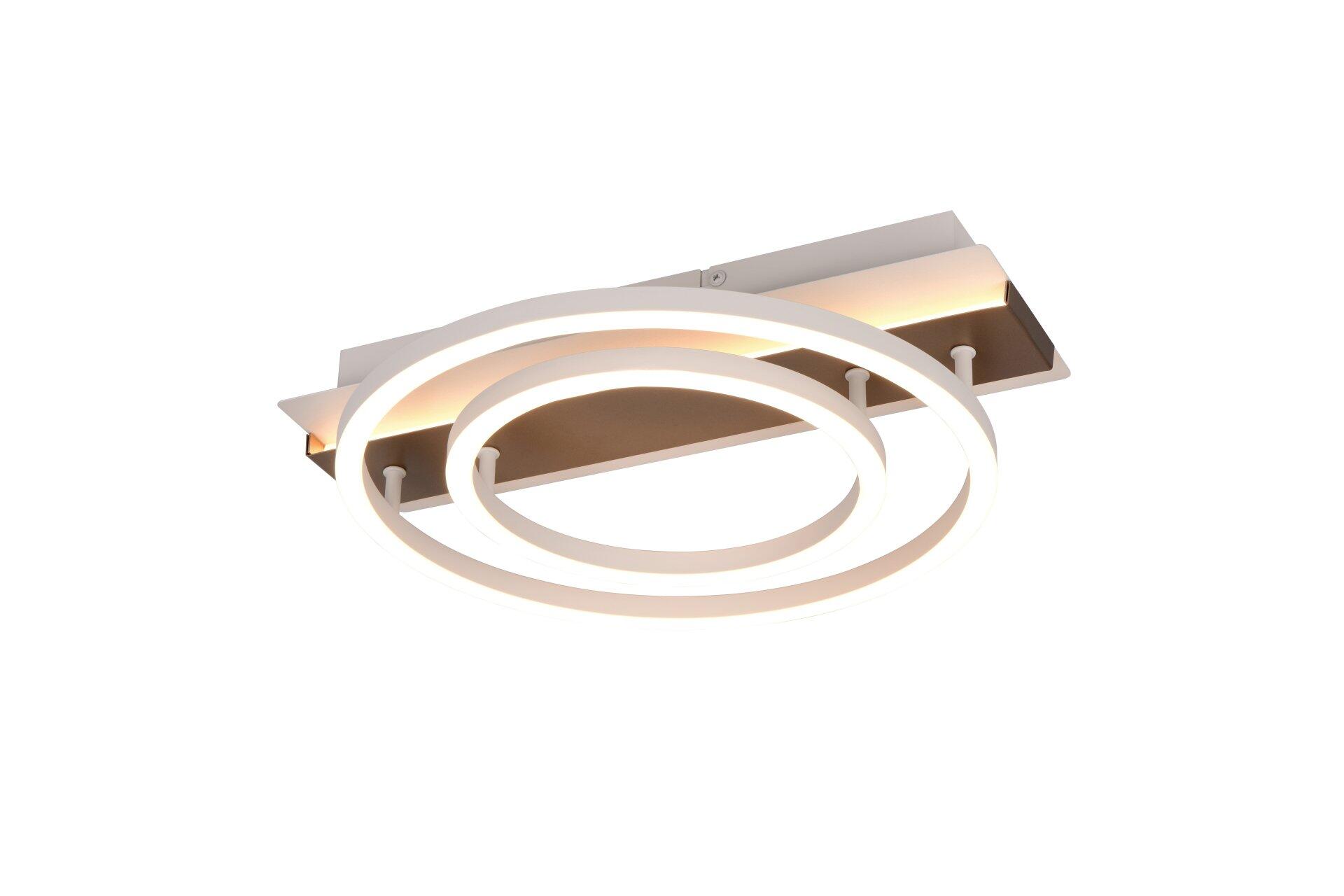 Moderne Deckenleuchte Romy mit mehreren miteinander verbundenen, ringförmigen LED-Elementen und einem horizontalen LED-Streifen, die von unten beleuchtet und aus gebürstetem Aluminium gefertigt ist.