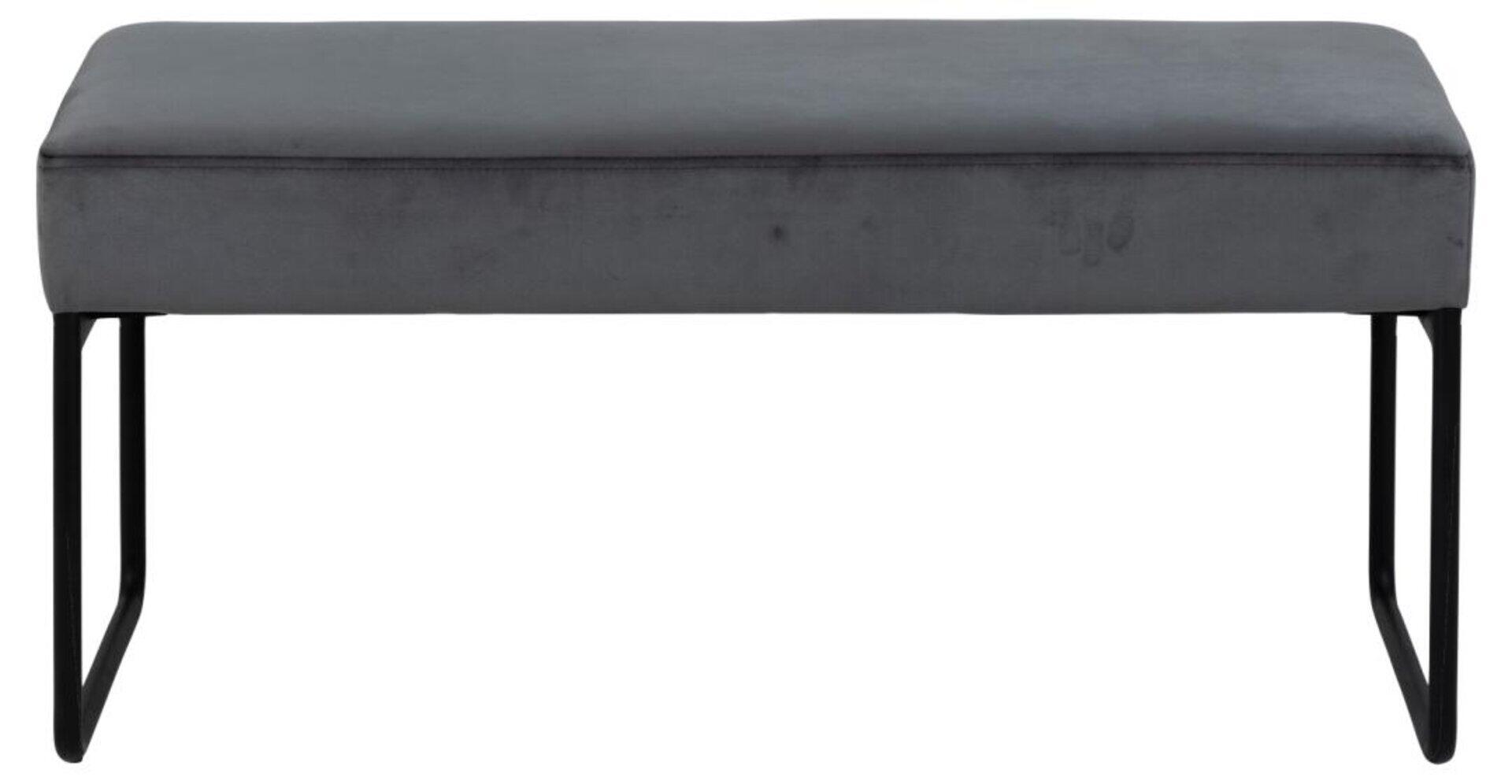 Grauer Hocker Xenia mit Samtbezug und geschwungenen Metallfüßen, Ansicht in voller Höhe.