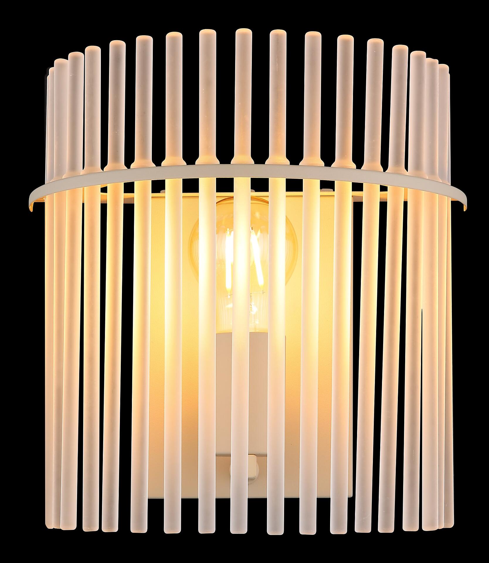 Wandleuchte GORLEY mit weißem Metallrahmen und vertikalen Glasstäben, die ein geometrisches Lichtmuster und indirekte Beleuchtung erzeugen.