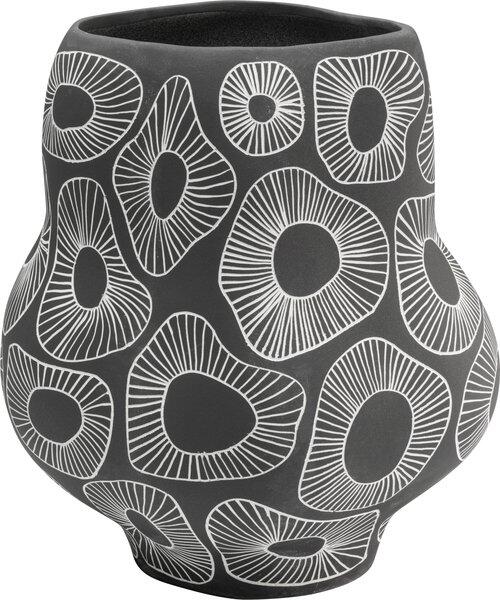 Handbemalte Vase Anemone Grau 33cm mit organisch geschwungener Form und grafischem Muster aus weißen Linien und Kreisen.
