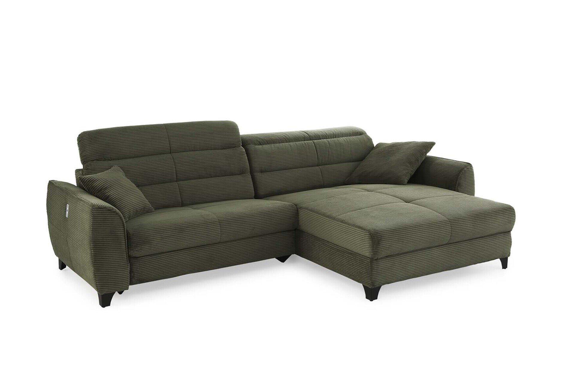 Wohnlandschaft Double One in Dunkelgrün mit Cordstoffbezug, schmalen Armlehnen, verstellbaren Kopfstützen und einem Knopf zur Bedienung der motorisierten Relaxfunktion.