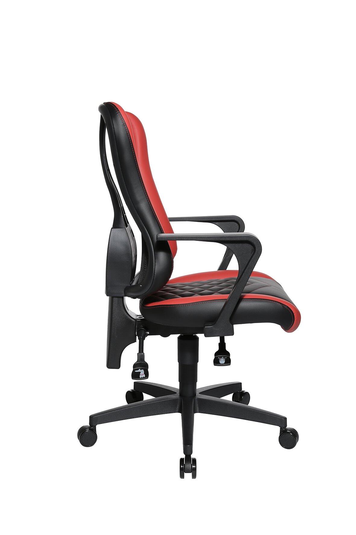 Bürostuhl Gaming Chair 10 in Seitenansicht mit verstellbarer Höhe durch Gasdruckfeder und ergonomischen Armlehnen, ausgestattet mit schwarzem Mesh-Material an der Rückenlehne und rotem Kunstleder Sitz.
