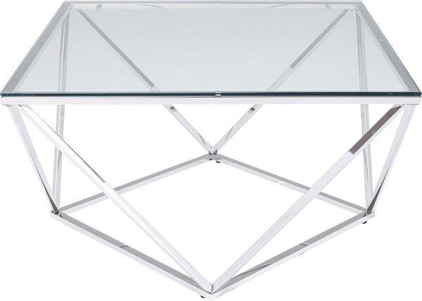 Couchtisch Cristallo Silber mit klarer Glasplatte, die auf einer diagonalen, silberfarbenen Metallkreuzkonstruktion ruht.