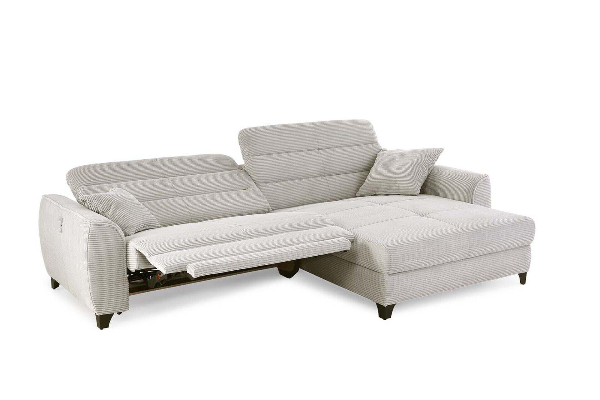 Wohnlandschaft Double One in Cord light greige, seitlich dargestellt mit ausgezogener Schlaffunktion und verborgener Unterlage.