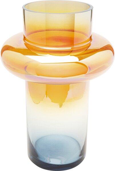 Vase Phenom Ring Multi, handgefertigte Glasvase mit Farbverlauf von Blau über Gelb zu Orange-Gelb, dargestellt in einer Frontalansicht, die die organische Form und die Farb Übergänge betont.