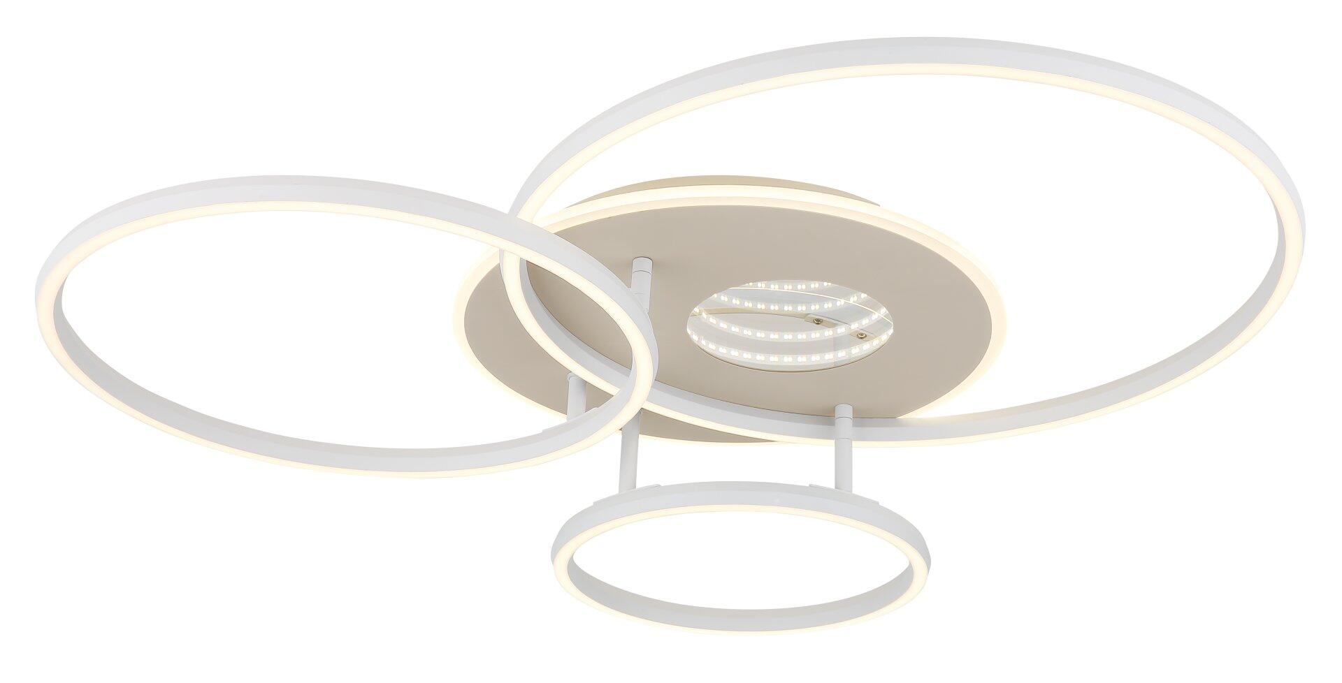 Deckenleuchte INVERTINA mit drei ringförmigen Elementen, die durch Metallstreben an der Basis befestigt sind und ein warmes, diffuses Licht erzeugen.