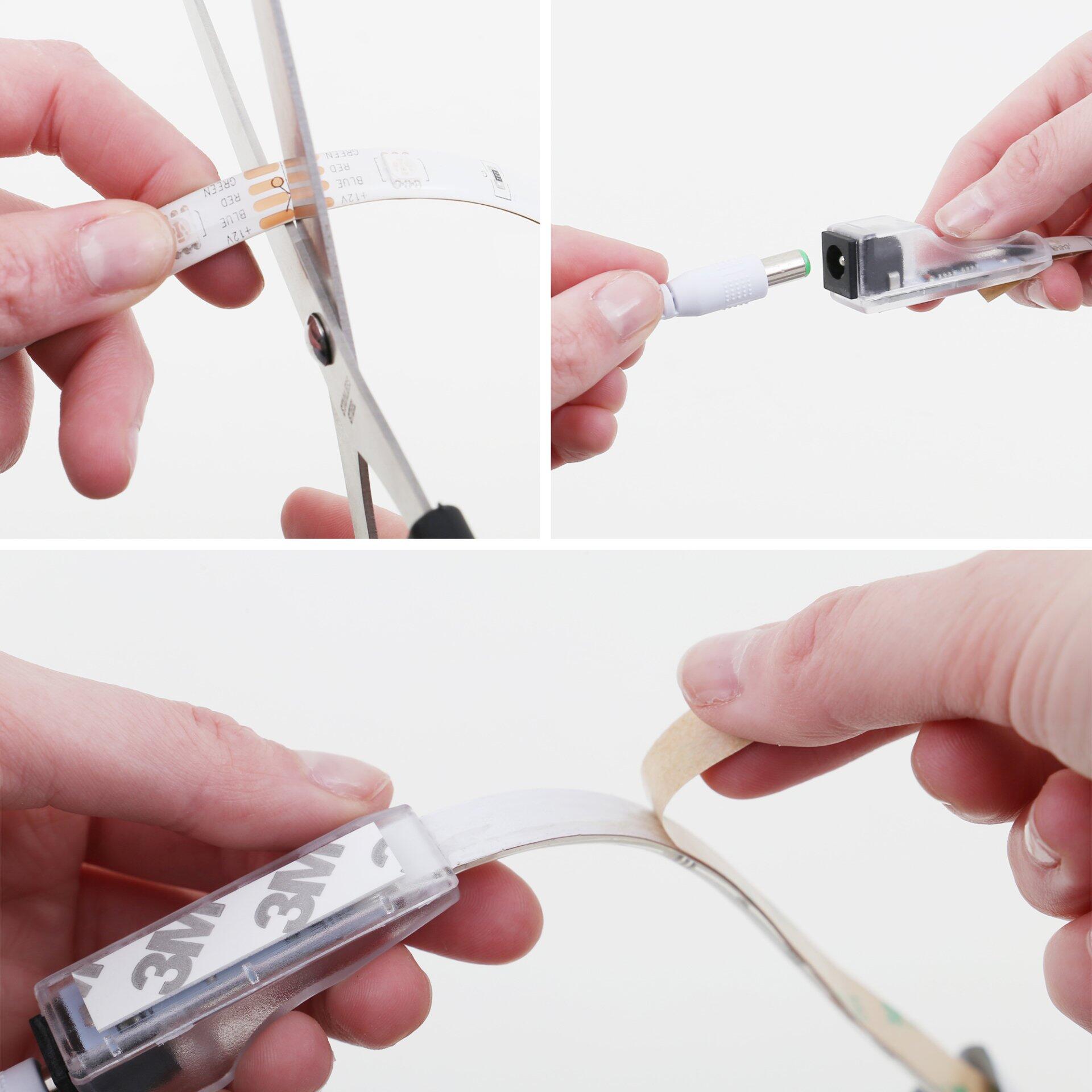 LED Band Flow, das durch Zuschneiden anpassbar ist und mit Klebeband für eine einfache Wandmontage sorgt, gezeigt in verschiedenen Anbringungsszenarien.