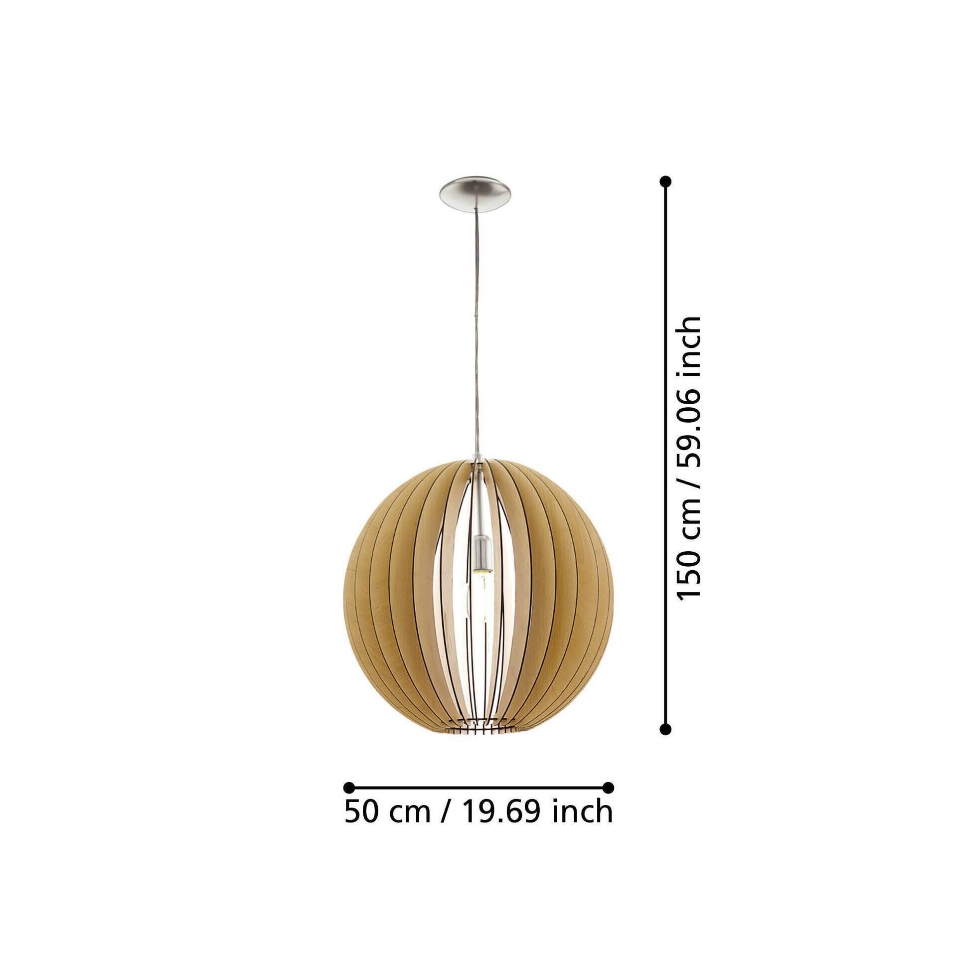 Pendelleuchte Cossano mit kugelförmigem Schirm aus horizontal angeordneten, gebogenen Holzelementen und einem Metallgestell im Inneren, Höhe 150 cm, Durchmesser 50 cm.
