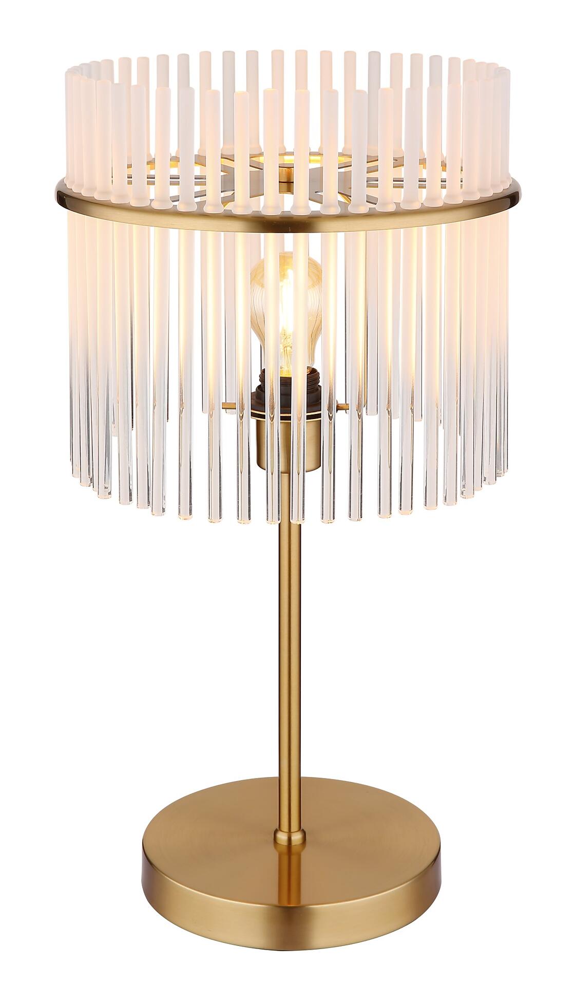 Tischleuchte GORLEY mit goldfarbenem Fuß und Lampenschirm aus transparenten Glasstäben, die ein helles Licht durchlassen.
