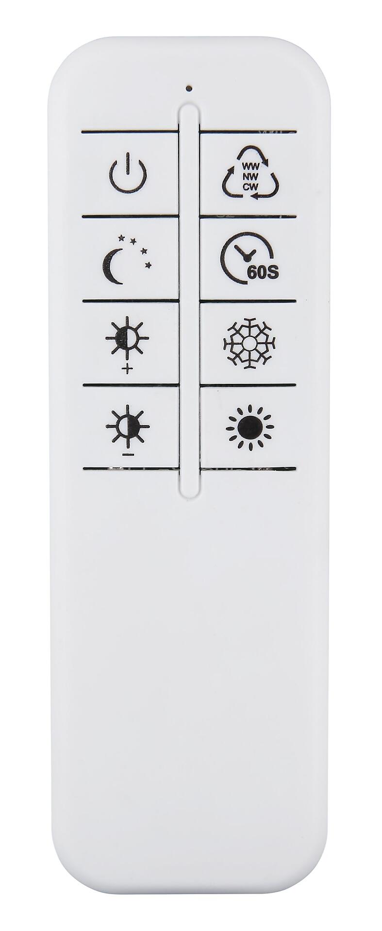 Fernbedienung für die INVERTINA Deckenleuchte mit Power-Symbol, Drehrichtungspfeilen, Mond- und Sternensymbol, Timerfunktion und Symbolen für verschiedene Lichteffekte wie Blitze, Sterne, Schnee und Sonne.