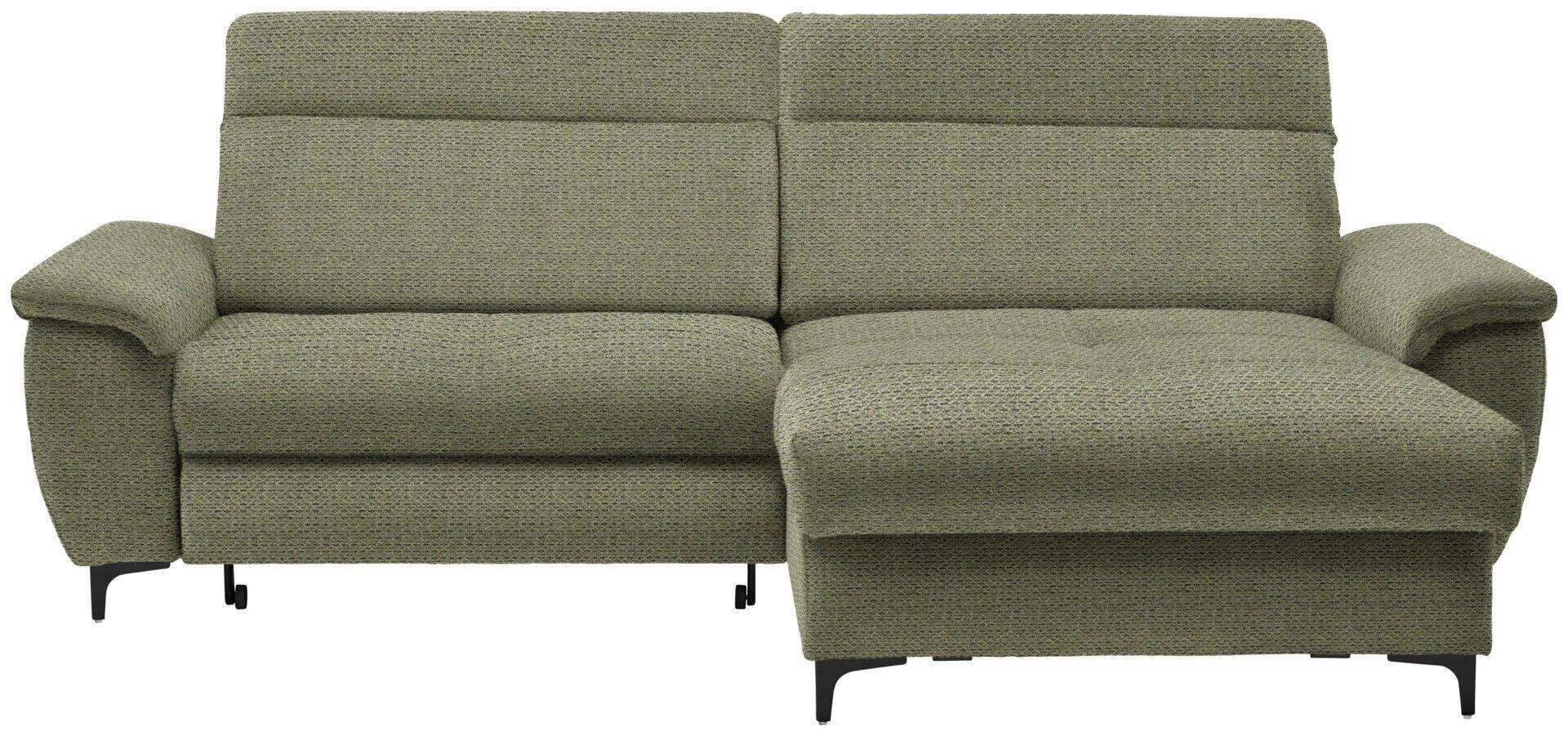 Helles Ecksofa im Retro-Design mit abklappbarer Kopfstütze, Bettkasten und Ottomane, die als Relaxfunktion ausgezogen werden kann, aufgenommen in einer Frontalperspektive.