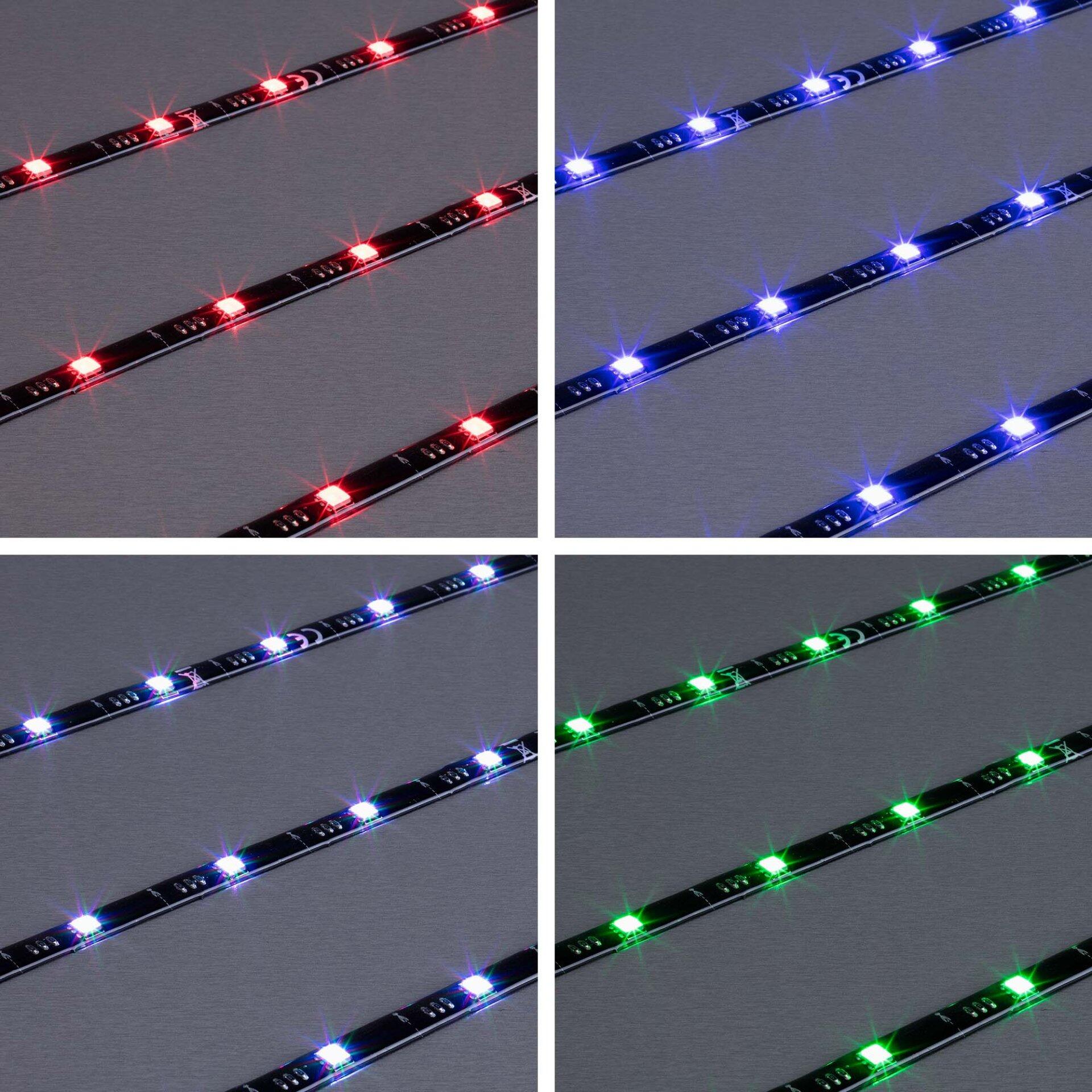 LED Band BRILO, schräg angebracht mit gleichmäßig leuchtenden roten, blauen, grünen und mehrfarbigen LEDs.