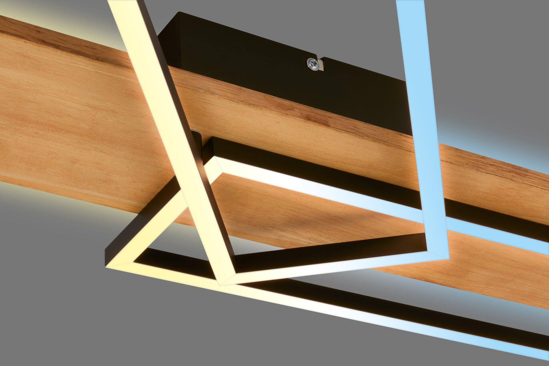 Deckenleuchte Cornice BRILO: Detailaufnahme eines Wandregals mit geometrischen Formen, beleuchtet durch integrierte LEDs in warmem Gelb und kühlem Blauton, die die skulpturale Form hervorheben.