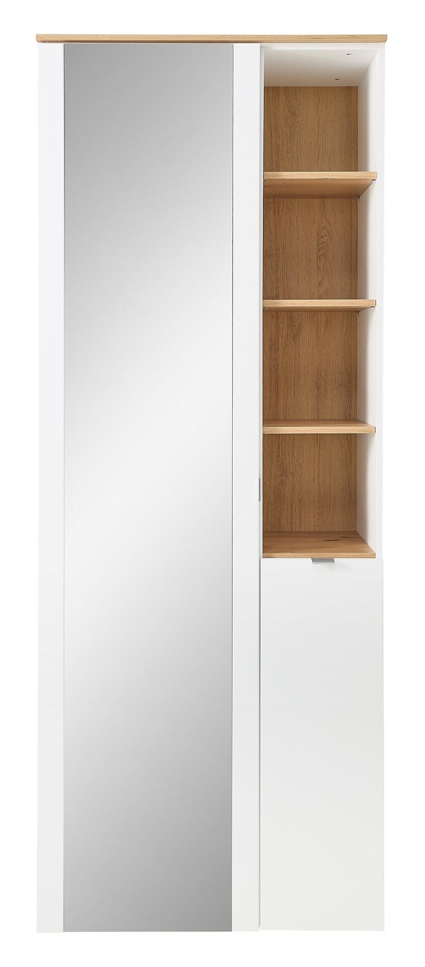 Garderobenschrank Bari mit weißer Front, Spiegeltür, offenem Regal mit drei Einlegeböden und griffleisenloser Schublade.