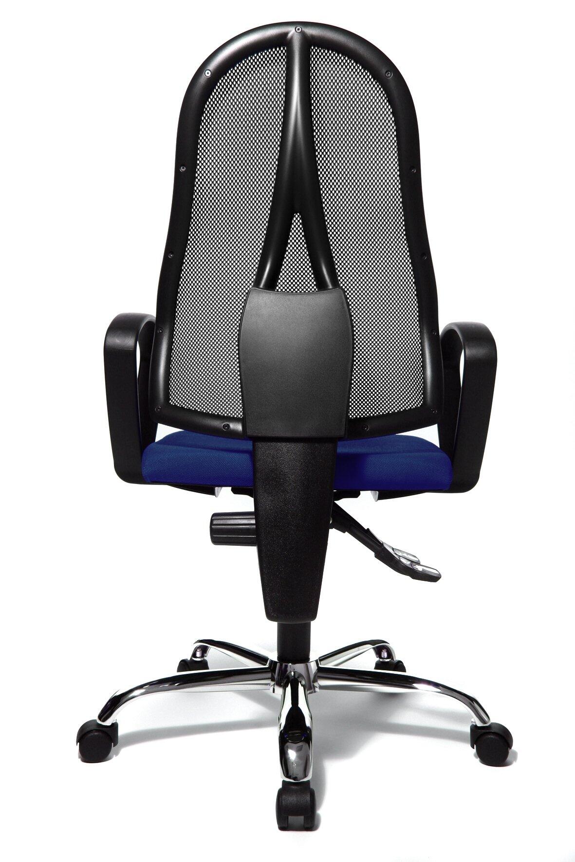 Bürostuhl Open Point aus Rückansicht mit dunkelblauem Lordosenpolster in der atmungsaktiven Netzlehne und geschwungenen schwarzen Armlehnen.
