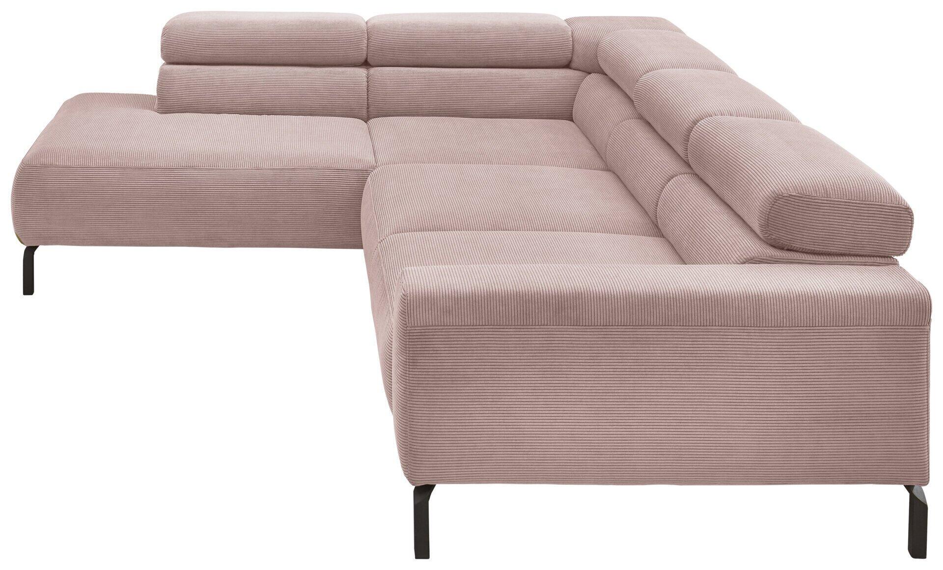 Eckcouch Pure 9129 in Hellrosa mit schwarzen Metallfüßen und Kopfteilverstellung, detailreich dargestellt in seitlicher Perspektive.