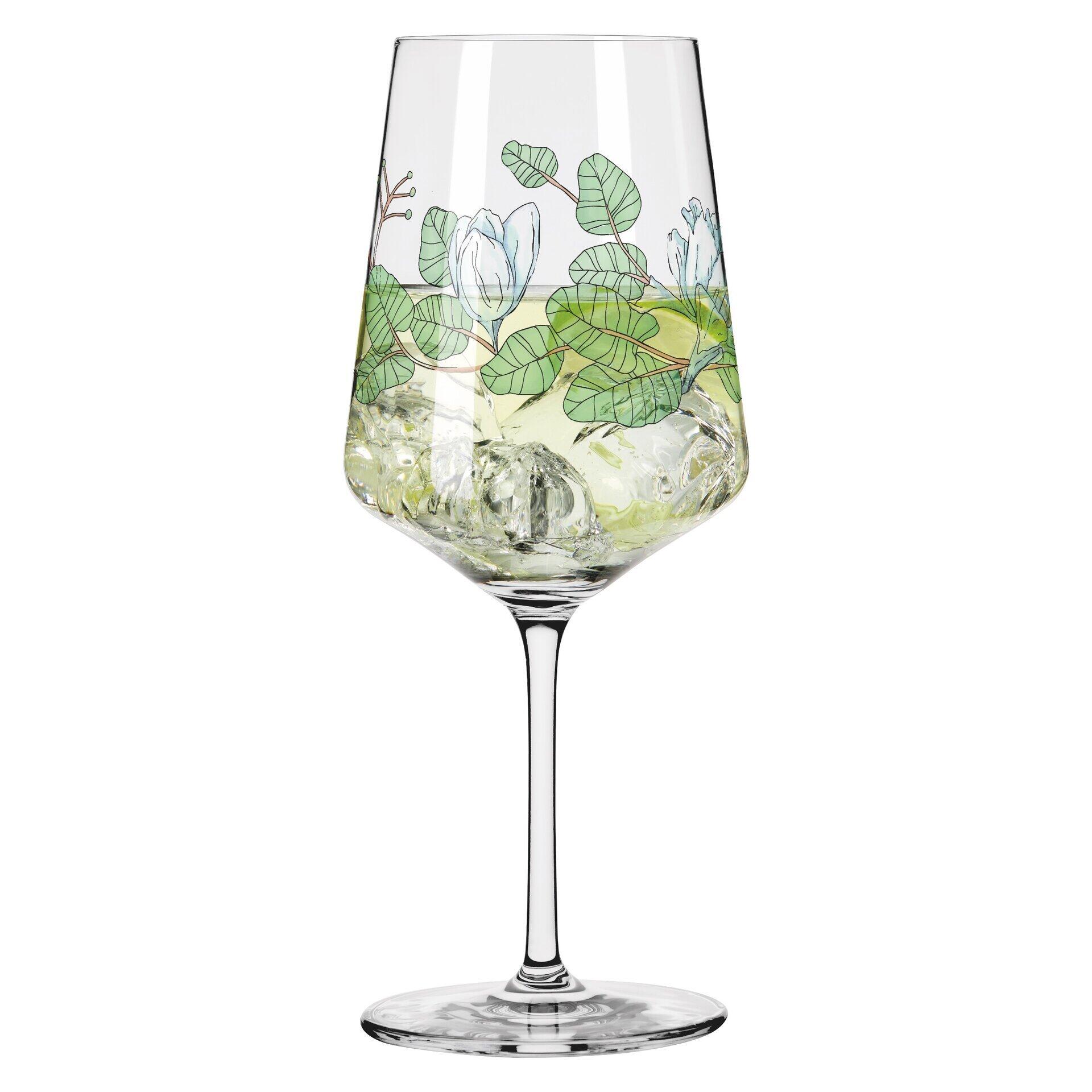 Aperitifglas mit floralem Dekor und leicht grün schimmernder Flüssigkeit, dargestellt in einem Produktfoto mit weißem Hintergrund.