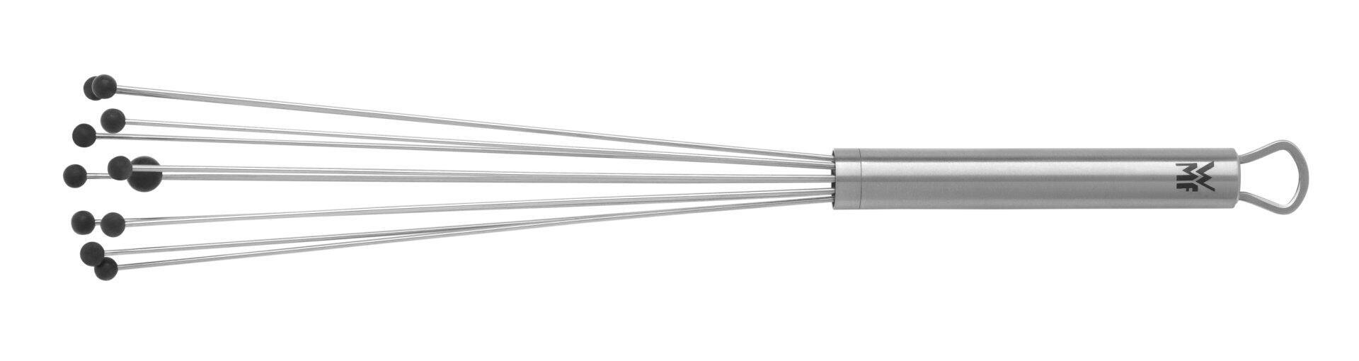 WMF Rührblitz Profi Plus Schneebesen aus gebürstetem Edelstahl mit gebogenem Griff und Öse.