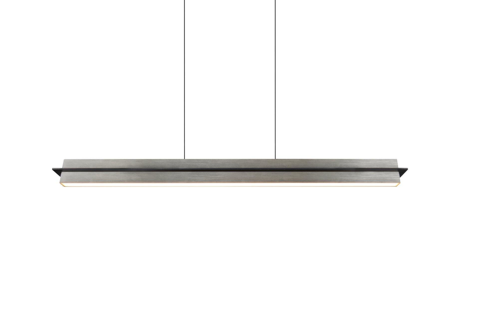 Pendelleuchte Emerson mit gebürstetem, länglichem Korpus in Grau-Silber, umgeben von einem dunklen Rahmen und energieeffizienten LEDs, die in Frontalperspektive dargestellt ist.