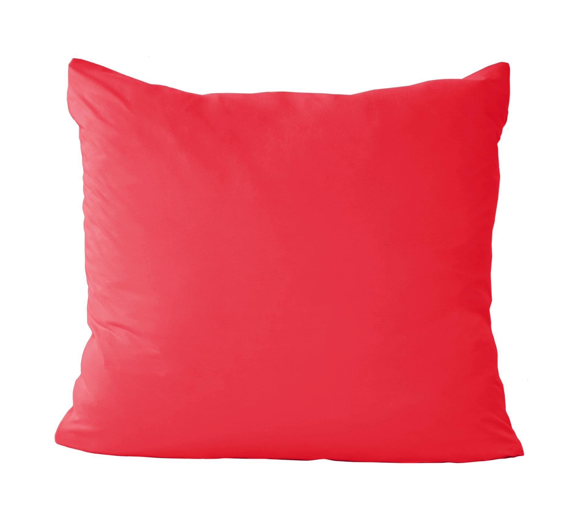 Roter Kissenbezug aus Mako-Feinjersey-Baumwolle mit abgerundeten Ecken und Kordel.