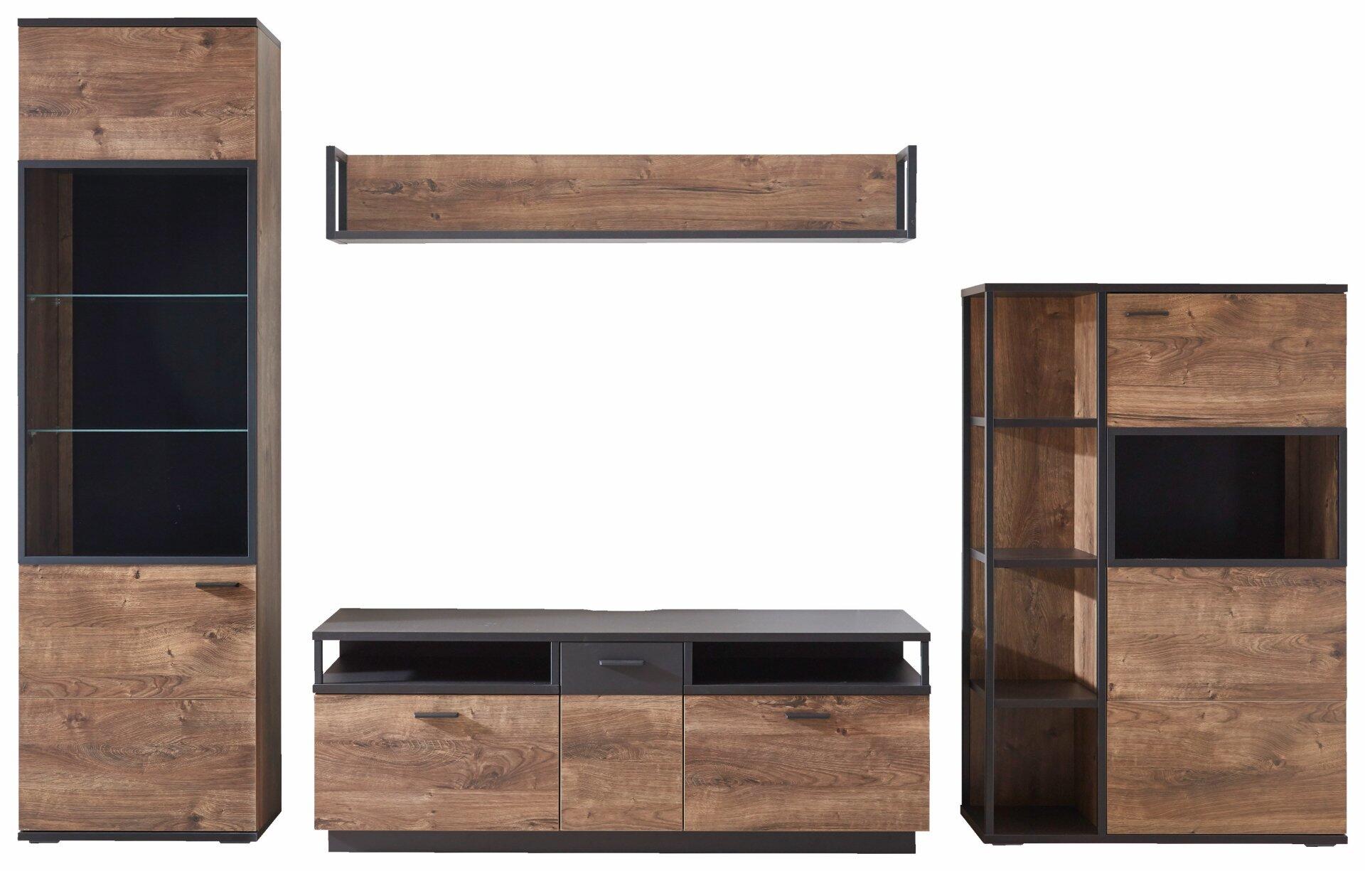 TV-/Wohnlösung Bastian: TV-Unterschrank mit Schublade und Türen sowie zwei hohe Sideboards mit Türen, Regalböden und Oberlichtschublade, im modernen, rustikalen Design mit schwarzem Metallrahmen.