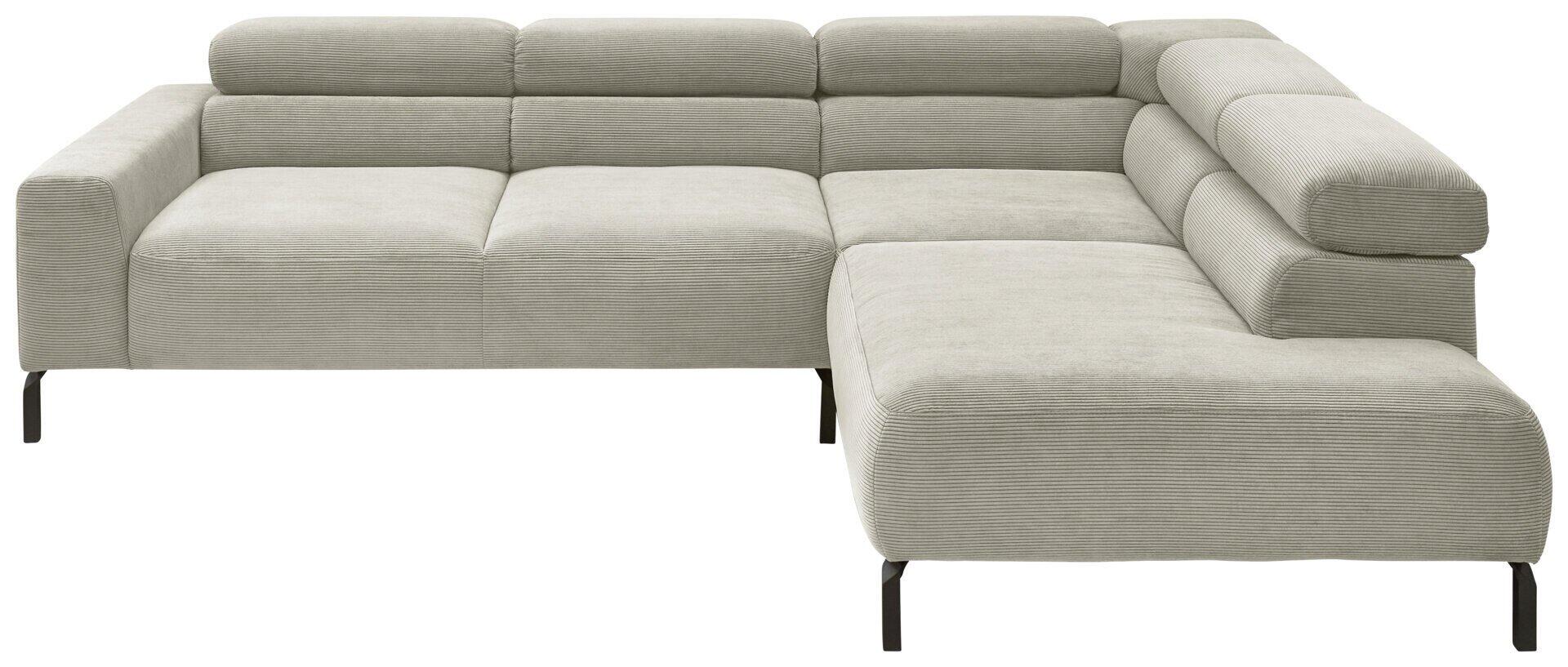Ecksofa Pure 9129 in hellgrau mit Kopfteilverstellung, schwarzem Gestell und Chaiselongue-Element, detailliert aus Frontperspektive.