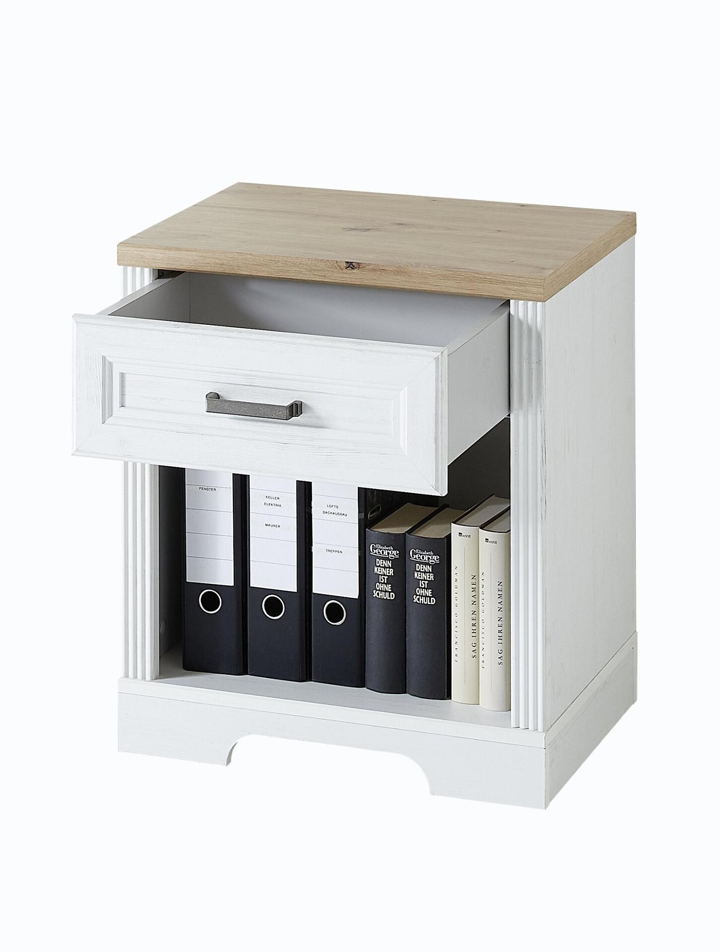 Weißes Möbelstück mit Schubladen, Regalfächern, Büchern und Ordnern auf einer Holzablagefläche.