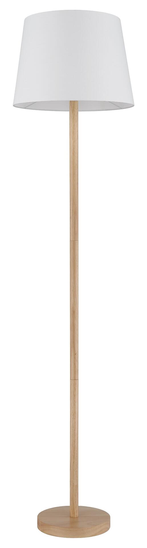Stehleuchte JORIS mit hellem Holzfuß, verstellbarem Schaft und zylindrischer Leuchtenhaube, Frontalperspektive.