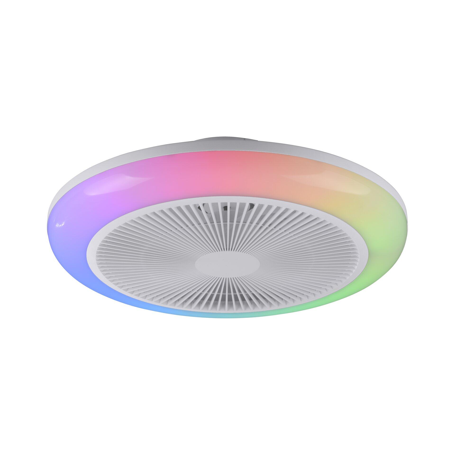 Deckenventilator Brenda mit farbwechselnder RGB-LED-Beleuchtung und weißen Flügeln, dargestellt in einer Frontalperspektive.