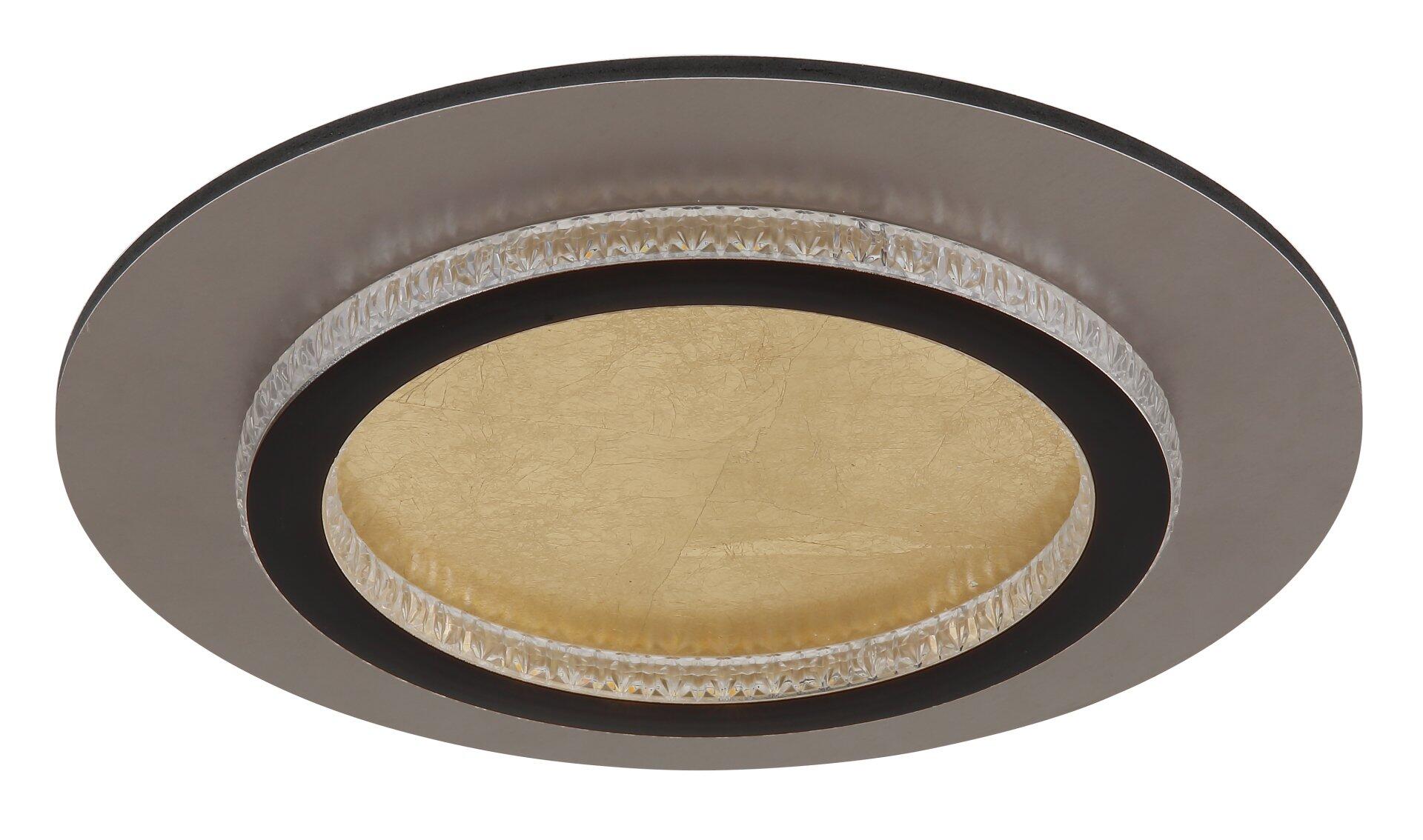 Deckenleuchte JAYDEN, Einbaustrahler mit dunklem Rahmen, metallischem Ring und goldfarbener, lichtstreuender Oberfläche mit vertikalen Linien zur optimierten Lichtverteilung.