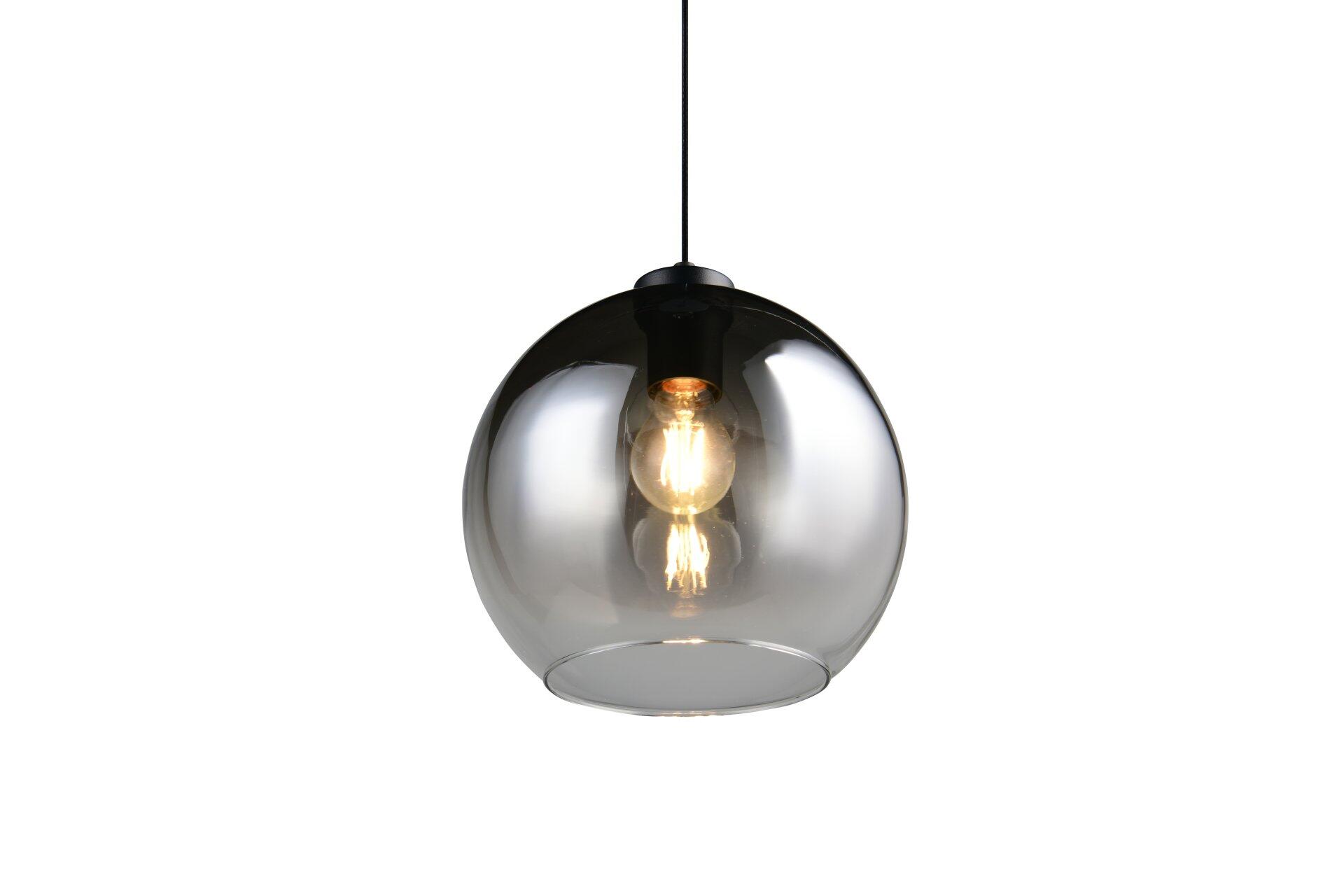 Pendelleuchte Liora mit transparenter Glaskugel, Edison-Glühbirne und goldenem Glühfaden, dargestellt an einem schwarzen Kabel vor weißem Hintergrund.
